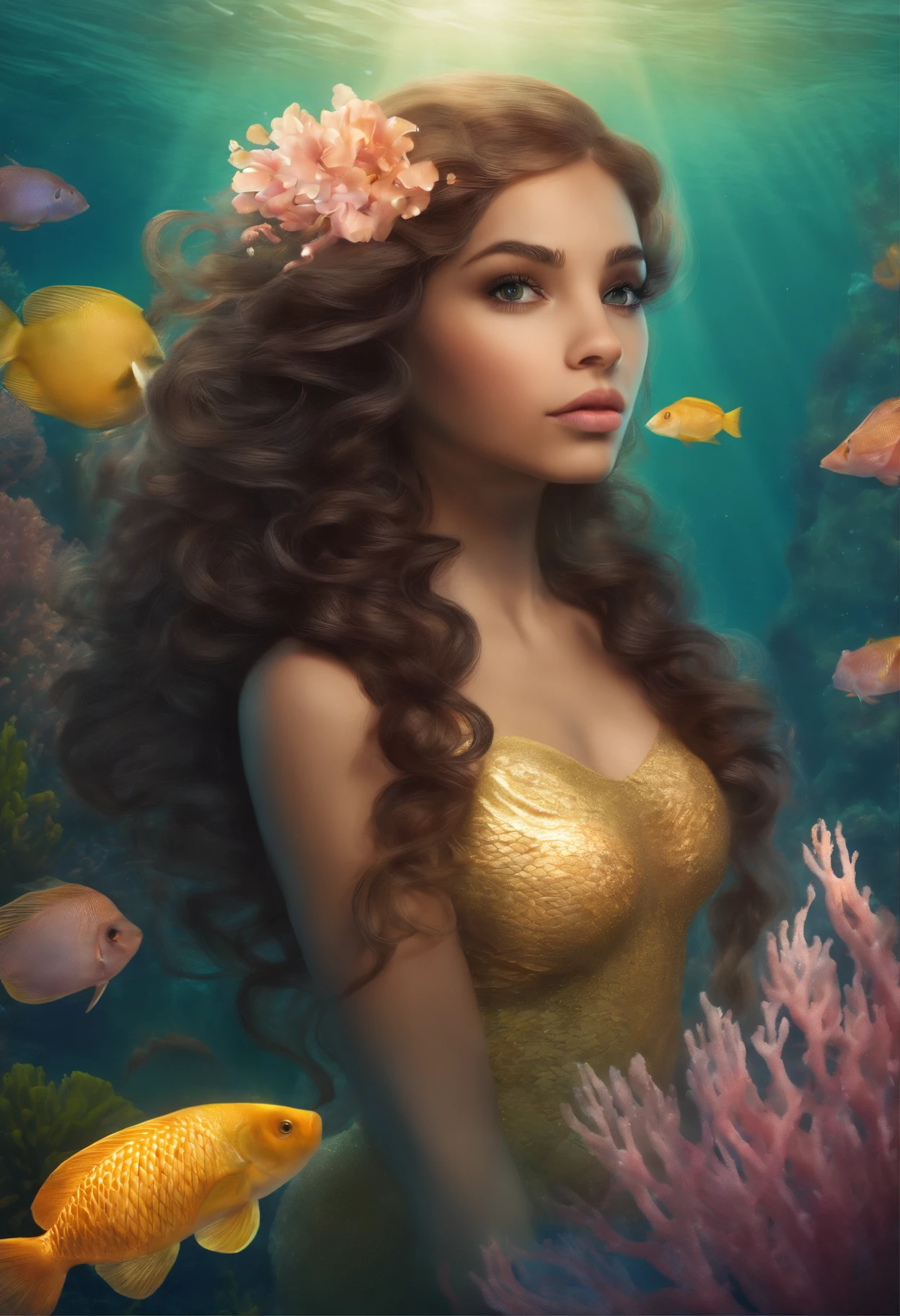 (a beautiful Hispanic mermaid,curly brown hair,brown eyes,pigtails),underwater,sparkling yellow scales,seaweed floating,coral reef,fish swimming around,fish companions,aquatic plants, ethereal sunlight, ocean waves,bluish-pink tones,mythical creature,fantastical, pastel colors, realistic