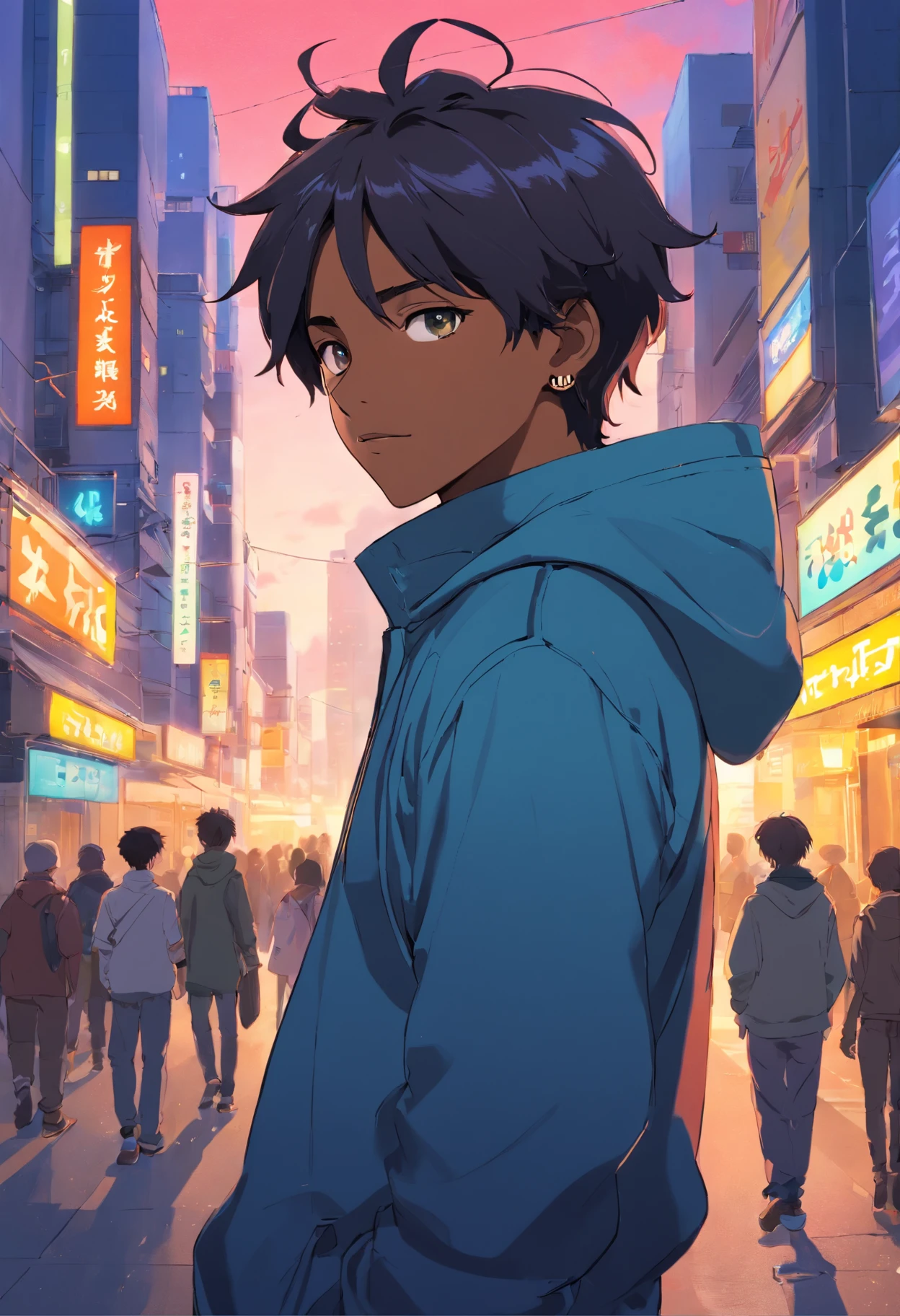 a boy, Italian African Mixed Race, cheveux asap rocky, Transformed into an anime style, with exaggerated unique facial features and clothing, standing on a busy city street, Backlit background highlights the subject, High-contrast colours, 4K High Definition Quality, jeune, souriant, beau