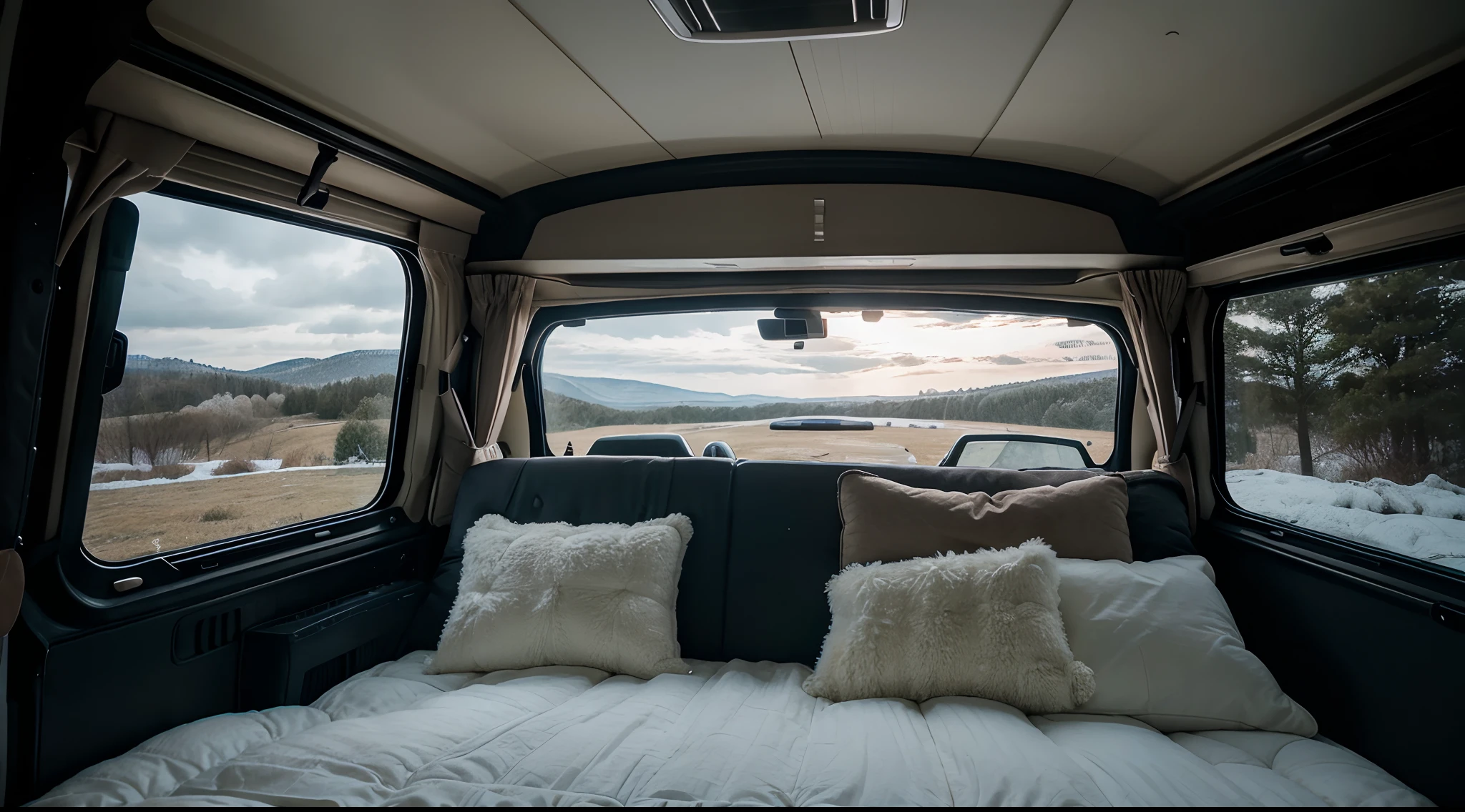 The minibus's interior is a cozy haven, with a plush bed adorned with fluffy pillows and a warm blanket. The large windows and transparent ceiling offer a breathtaking view of the starry night sky, while a beautiful woman Sleep on the bed, adding to the overall charm of the scene.
