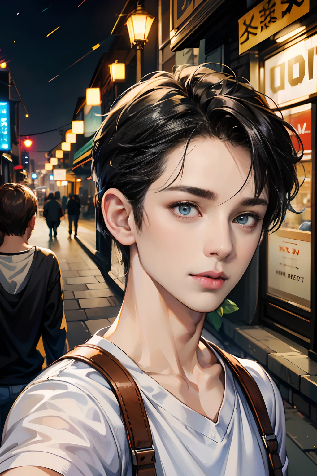 (absurdres, highres, A highly detailed, hdr), 巨作, Best Quality, 1boy,, handsome, short hair hair, Delicate eye and detailed face, (White t-shirt), (Jean jacket), Dimple, forehead, Night Street, night city, midnight, Selfie Snapshot, slight smile, Upper body
