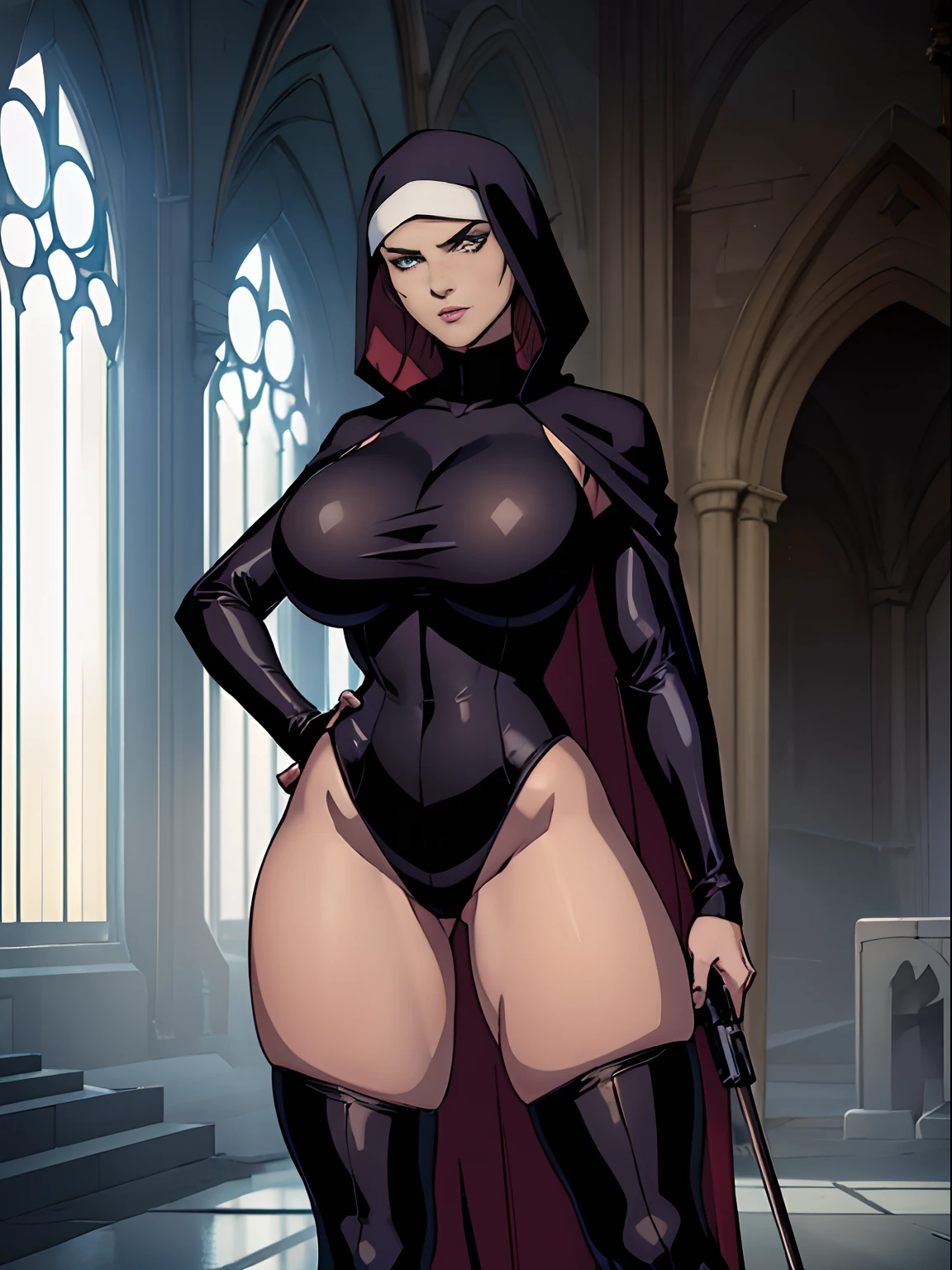 (masterpiece, top quality, best quality, official art, beautiful and aesthetic:1.2), (1girl:1.3), light freckles, fair skin, extremely detailed, portrait, looking at viewer, solo, (full body:0.6), detailed background, close up, (dark gothic theme:1.1), nun with guns, charlatan, smirk, mysterious, swaggering through cathedral, modest attire, black habit, cowl, nun hood, wimple, thigh-high boots, bodysuit, leotard, loose sleeves, cloak, corset, leather straps, ammunition pouches, long boots, submachineguns, SMGs, MP5s, thigh pouches, holsters, garters, ((((narrow hips, slim sexy body, gigantic breasts)))), slim waist, slim hips, long legs, modern (cathedral exterior:1.1) background, dark mysterious lighting, shadows, magical atmosphere, dutch angle,