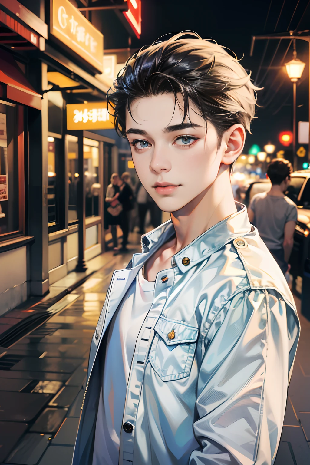 (absurdres, highres, A highly detailed, hdr), 巨作, Best Quality, 1boy,12yo, handsome, short hair hair, Delicate eye and detailed face, (White t-shirt), (Jean jacket), Dimple, forehead, Night Street, night city, midnight, Selfie Snapshot, slight smile, Upper body