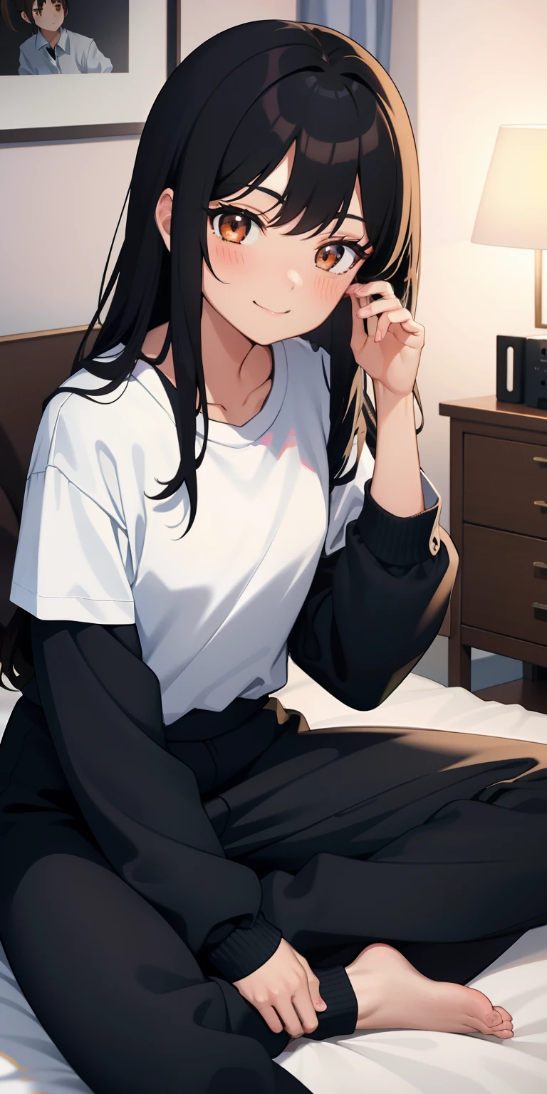 One anime girl, long black hair, brown eyes, track pants, white shirt, light blush, light smile, nightime, apartment, bedroom, sitting on bed