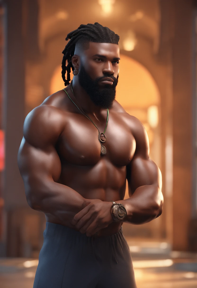 Black man, naked, muscular, young, beard, dreadlocks, anime style