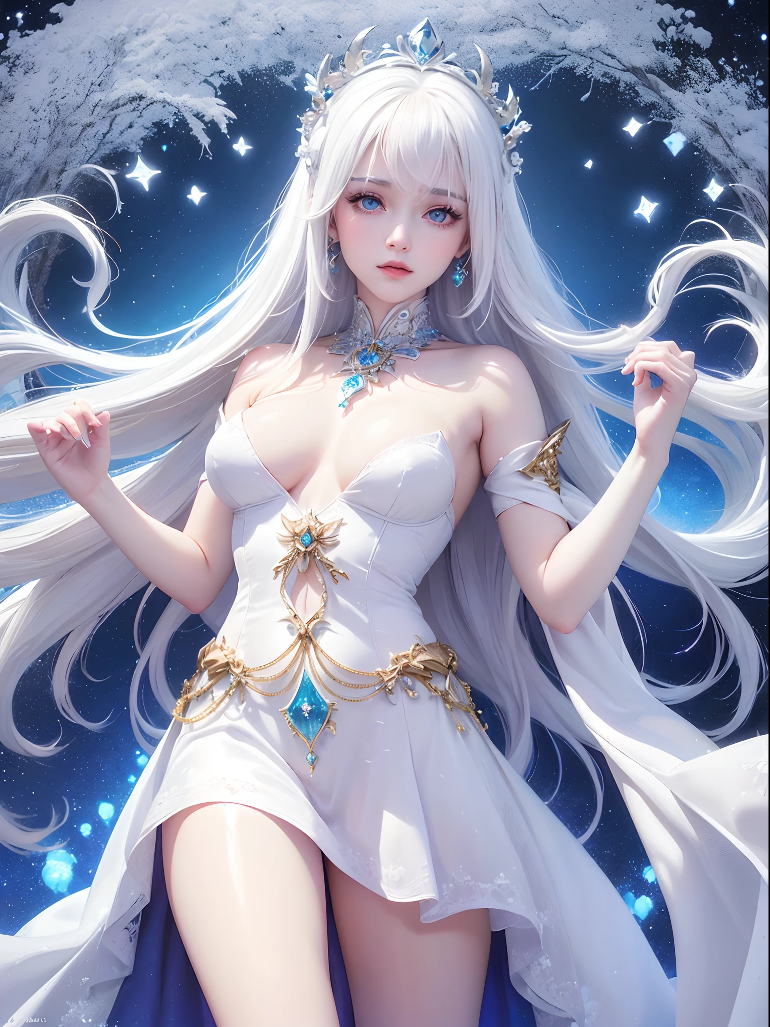 (tmasterpiece, topquality, beste-Qualit, official arts, Beautiful and aesthetically pleasing: 1.2), (1 girl), (30 years: 1.3), (Milf: 1.4), extremely detialed, (s fractal art: 1.3), (Shiny snow-white hair:1.5), (Unnaturally bright blue eyes: 1.4), (Dynamic blue glow in the eyes:1.3), (a goddess: 1.3), (Unbelievably hottie: 1.3), Depiction of the Goddess, Face of the Goddess, colourful, Extreme detailing, a perfect face, upper-body, HDR, (White gold cloak lines: 1.2), galaxy, stunning visual, (dynamic stripes, Glowing footprints: 1.2), bright colours, (White Noble Outfit: 1.5), (The highest elegance: 1.6), (Void Background), (Background Darkness: 1.1)