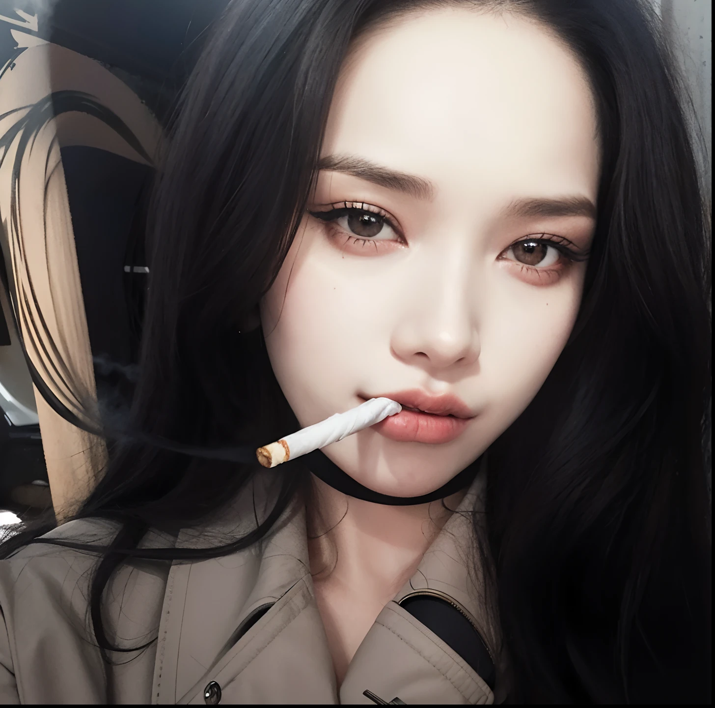 Mulher com um cigarro na boca e uma jaqueta, cigarro, com charuto, Poarch bonito, Ilya Kuvshinov com cabelo longo, lips on cigarette, basia tran |, Cigarros, Kuvshinov Ilya, 18 anos, fumar cigarro, with very thin lips, cigarro na boca, fazer uma pausa para fumar, mulher fumando cigarro