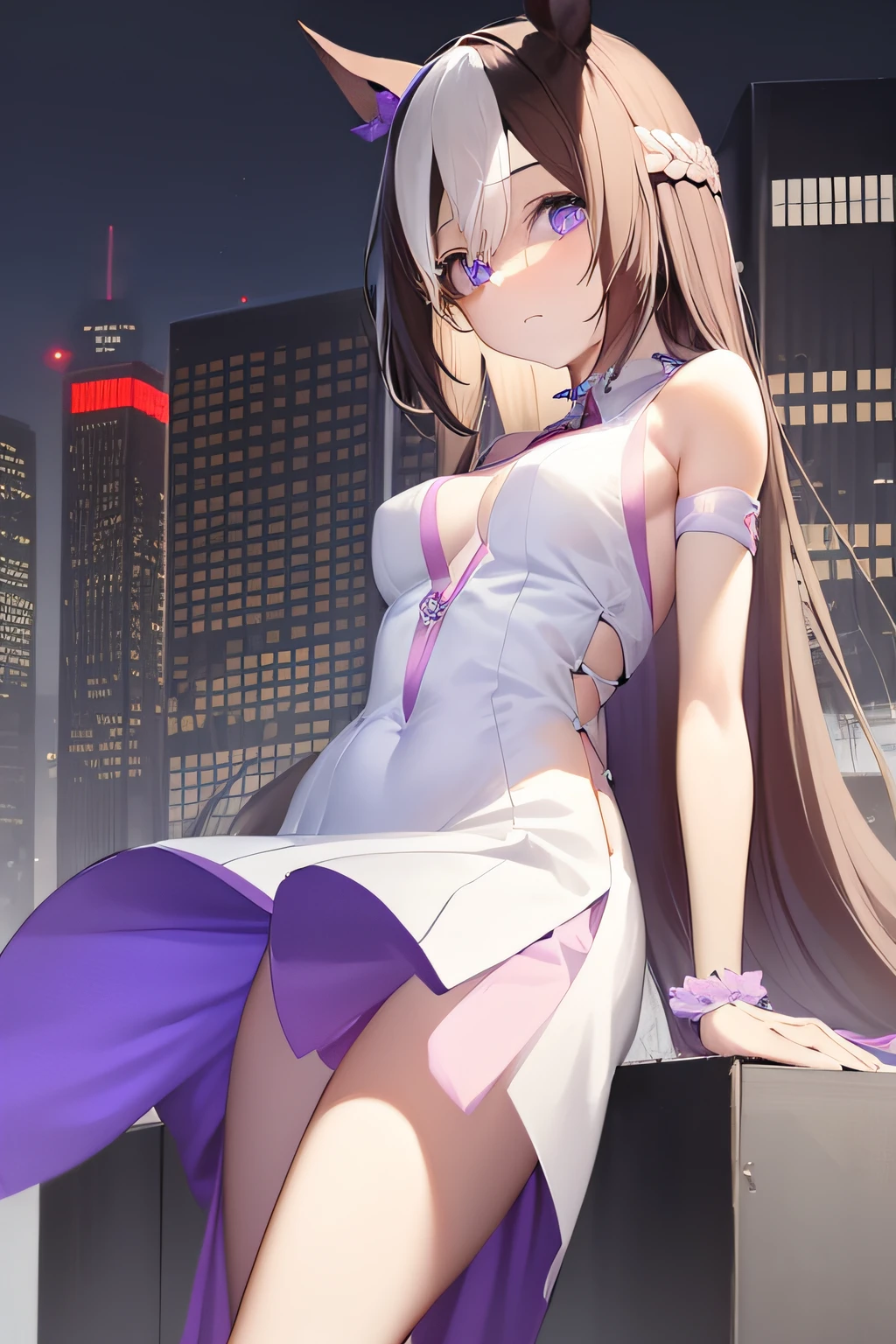 (Realistic: 1,4), Cyberpunk slender young girl, White long hair, Full-length in a short dress, is looking at the camera, Against the backdrop of a cyberpunk city, white short dress, naked legs, brightness, Masterpiece, Best Quality, 1girl, hiquality, Ultra Detailed, ((Real image)), ((lifelike skin)), ((realistic face)),(illustartion:1.05), (Beautiful:1.05), (beautiful detail eyes:1.05), (cinematiclight:1.1), Form-fitting silhouette, Slim, small breasts, white clothing. Faraway view. full-length photo、