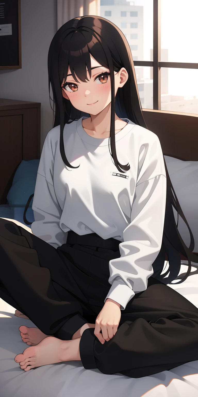 One anime girl, long black hair, brown eyes, track pants, white shirt, light blush, light smile, nightime, apartment, bedroom, sitting on bed
