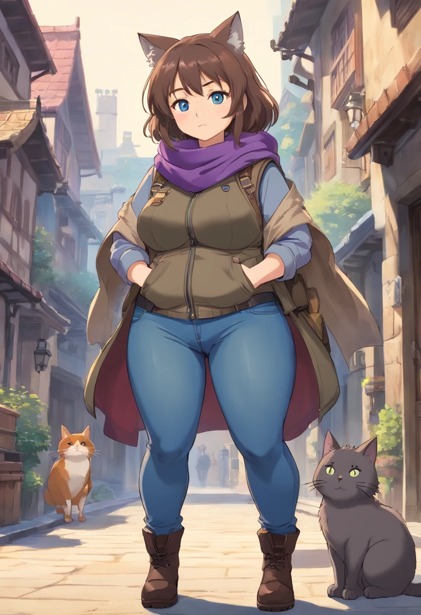chubby, woman, thick waist, large chest, brown hair, short messy hair, gray cat ears on head, blue eyes, gray jeans, long purple vest , black combat boots, fat, larger body, chubby face, face with blush, cleavage visable, boob window ((huge tits)) ((big nipples)) hood, black gloves, knee high boots military scarf, bulletproof vest,