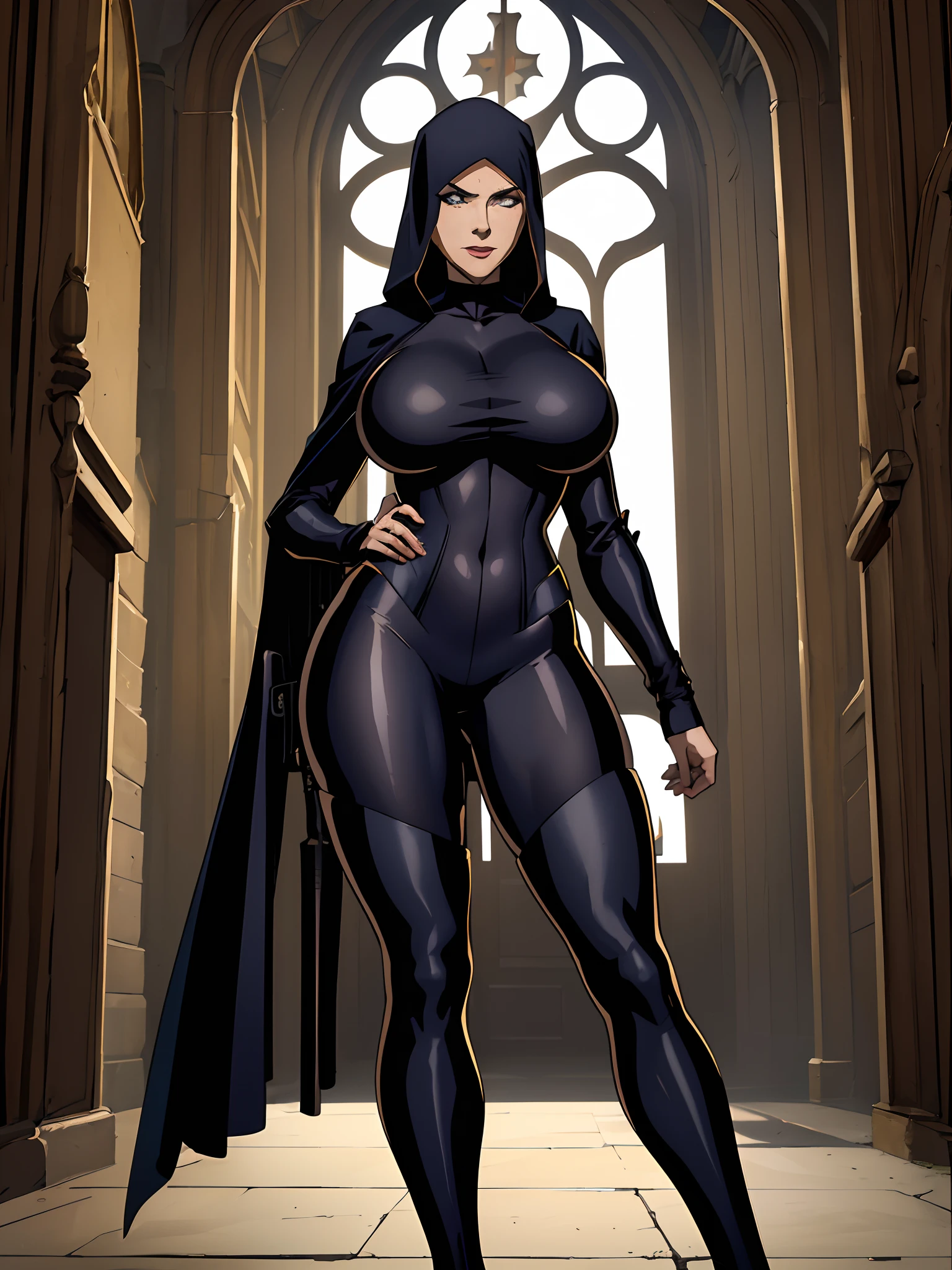 (masterpiece, top quality, best quality, official art, beautiful and aesthetic:1.2), (1girl:1.3), light freckles, fair skin, extremely detailed, portrait, looking at viewer, solo, (full body:0.6), detailed background, close up, (dark gothic theme:1.1), nun with guns, charlatan, smirk, mysterious, swaggering through cathedral, modest attire, black habit, cowl, nun hood, wimple, thigh-high boots, bodysuit, leotard, loose sleeves, cloak, corset, leather straps, ammunition pouches, long boots, submachineguns, SMGs, MP5s, thigh pouches, holsters, garters, ((((narrow hips, slim y body, gigantic bre), slim waist, slim hips, long legs, modern (cathedral exterior:1.1) background, dark mysterious lighting, shadows, magical atmosphere, dutch angle,