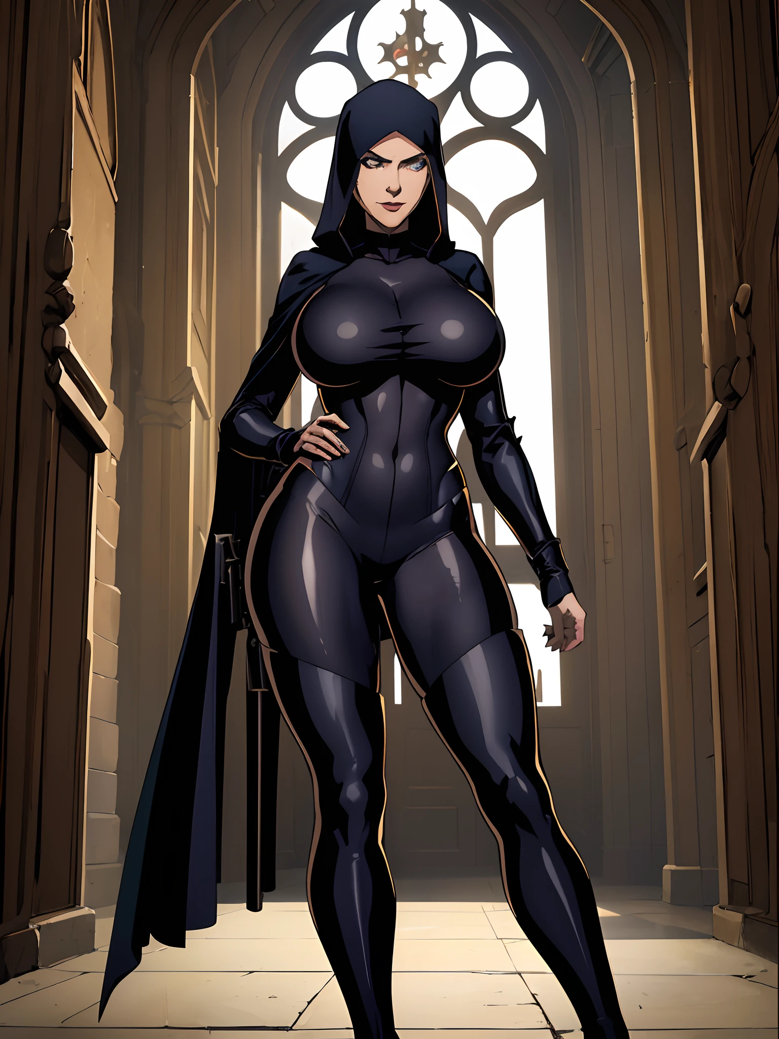 (masterpiece, top quality, best quality, official art, beautiful and aesthetic:1.2), (1girl:1.3), light freckles, fair skin, extremely detailed, portrait, looking at viewer, solo, (full body:0.6), detailed background, close up, (dark gothic theme:1.1), nun with guns, charlatan, smirk, mysterious, swaggering through cathedral, modest attire, black habit, cowl, nun hood, wimple, thigh-high boots, bodysuit, leotard, loose sleeves, cloak, corset, leather straps, ammunition pouches, long boots, submachineguns, SMGs, MP5s, thigh pouches, holsters, garters, ((((narrow hips, slim sexy body, gigantic breasts)))), slim waist, slim hips, long legs, modern (cathedral exterior:1.1) background, dark mysterious lighting, shadows, magical atmosphere, dutch angle,