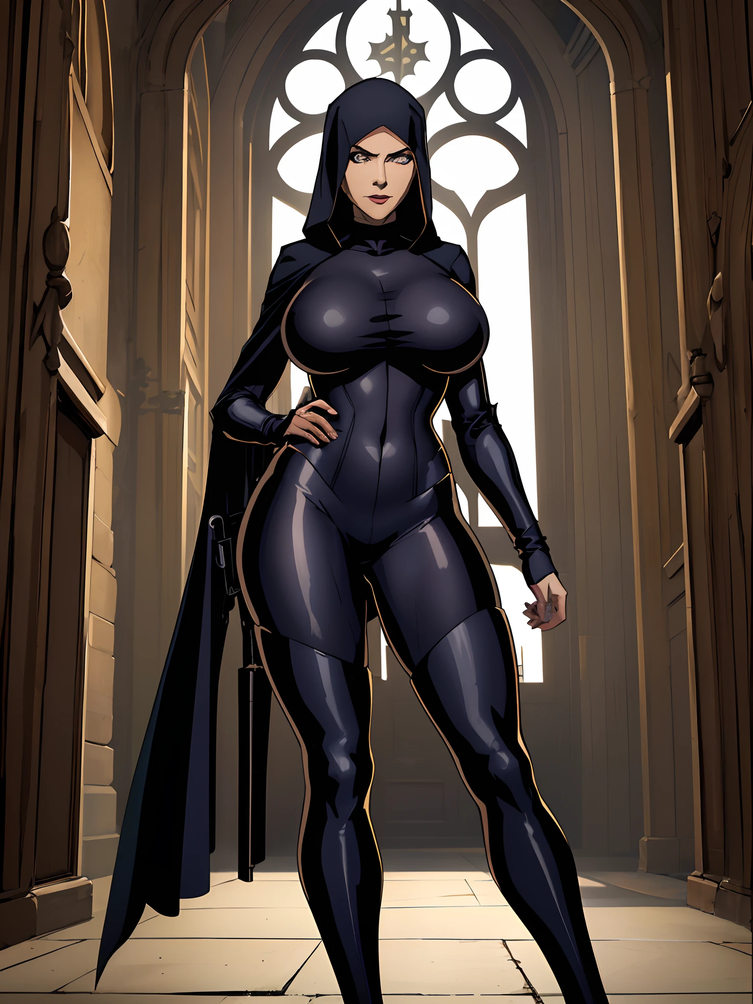 (masterpiece, top quality, best quality, official art, beautiful and aesthetic:1.2), (1girl:1.3), light freckles, fair skin, extremely detailed, portrait, looking at viewer, solo, (full body:0.6), detailed background, close up, (dark gothic theme:1.1), nun with guns, charlatan, smirk, mysterious, swaggering through cathedral, modest attire, black habit, cowl, nun hood, wimple, thigh-high boots, bodysuit, leotard, loose sleeves, cloak, corset, leather straps, ammunition pouches, long boots, submachineguns, SMGs, MP5s, thigh pouches, holsters, garters, ((((narrow hips, slim sexy body, gigantic breasts)))), slim waist, slim hips, long legs, modern (cathedral exterior:1.1) background, dark mysterious lighting, shadows, magical atmosphere, dutch angle,