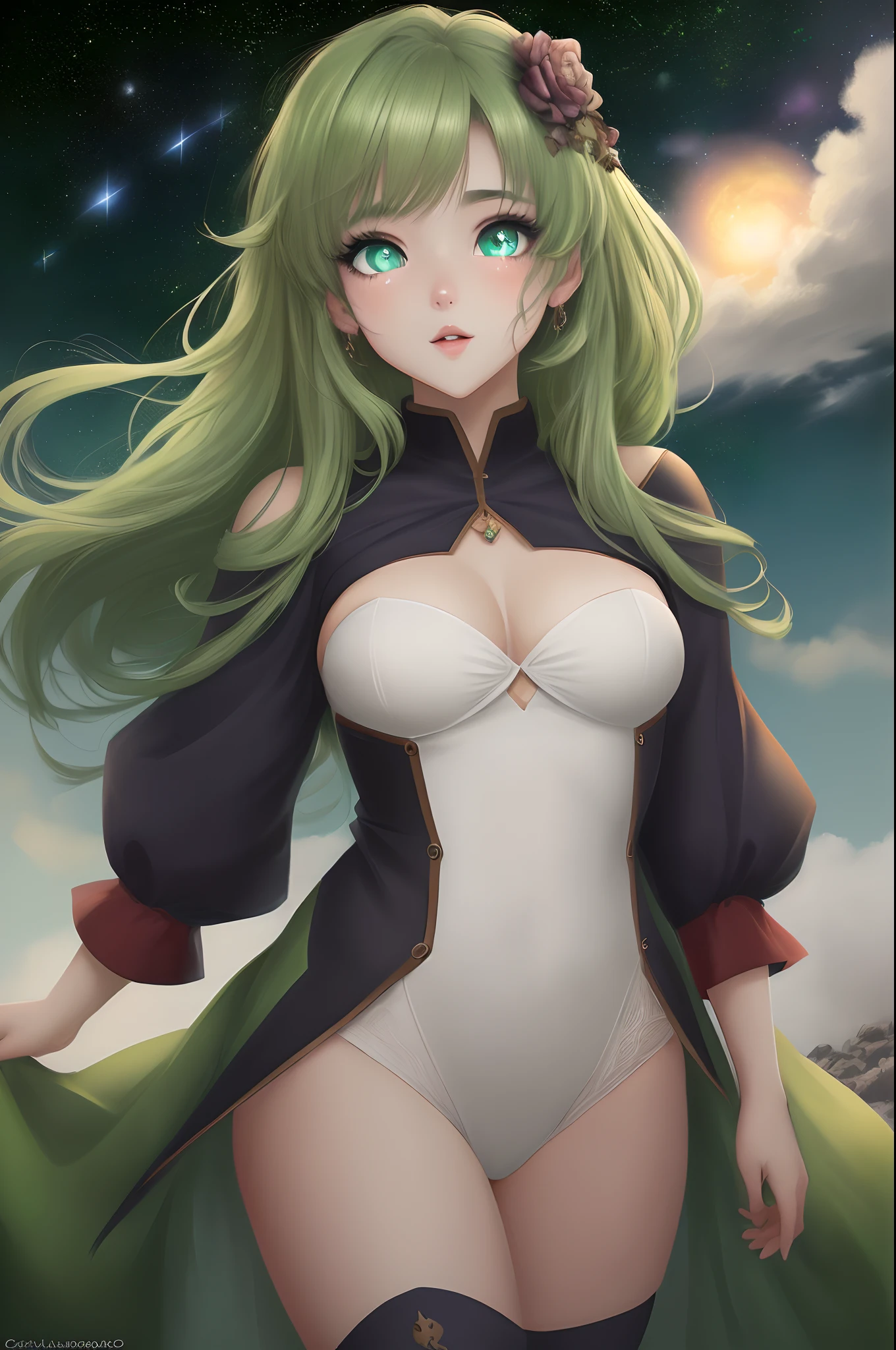 (((absurdos))), (((best quality))), retrato, arte digital, (trending on ArtStation), ((1Anime Style Girl)), ((olhos verdes brilhantes)), Olhos em forma de estrela, Beautiful, (cabelo longo loiro bege), (((Roupas curtas))),((sexy)),((corpo inteiro)):0.9.