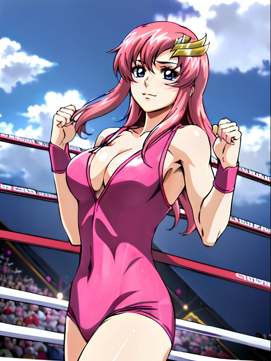 (((pink wrestling outfit))), (masterpiece, , 4K, Best Quality, Anime style: 1.9,, Adult Woman, ultra detailed face, (cloud background, wrestling), Drawing lines, high resolution, Anime, lacus4), 1girl, Solo, curvy figure, Long hair, 鎖骨, scapular, (Detailed wide hair bangs, Hair Ornament, Detailed reddish-pink hair, golden crest), cleavage, large hands, (pro female wrestler). (Big blue eyes, shiny eyes), ((female wrestler, little biceps, slender body, broad shoulders, closed fists, closed mouth)), ((perfect proportions, medium breasts, cleavage, long belly)), (((pink wrestling outfit))), , ( looking at the viewer),