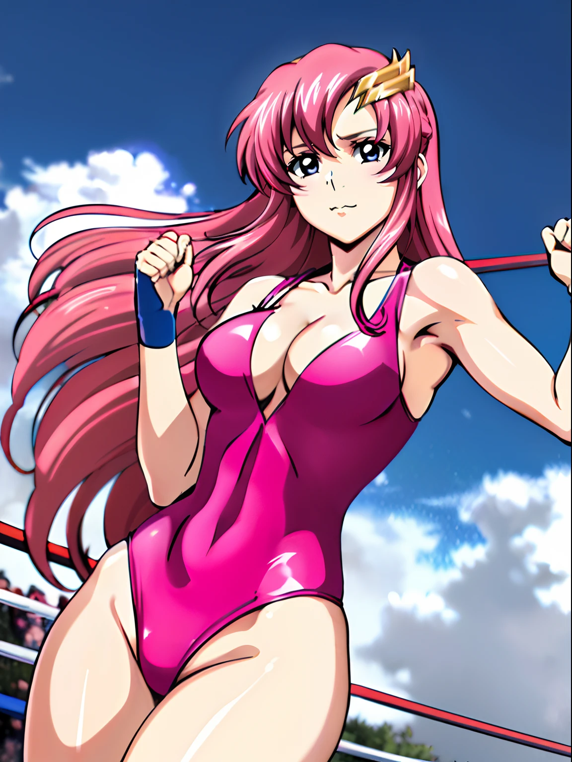 (((pink wrestling outfit))), (masterpiece, , 4K, Best Quality, Anime style: 1.9,, Adult Woman, ultra detailed face, (cloud background, wrestling), Drawing lines, high resolution, Anime, lacus4), 1girl, Solo, curvy figure, Long hair, 鎖骨, scapular, (Detailed wide hair bangs, Hair Ornament, Detailed reddish-pink hair, golden crest), cleavage, large hands, (pro female wrestler). (Big blue eyes, shiny eyes), ((female wrestler, little biceps, slender body, broad shoulders, closed fists, closed mouth)), ((perfect proportions, medium breasts, cleavage, long belly)), (((pink wrestling outfit))), , ( looking at the viewer),