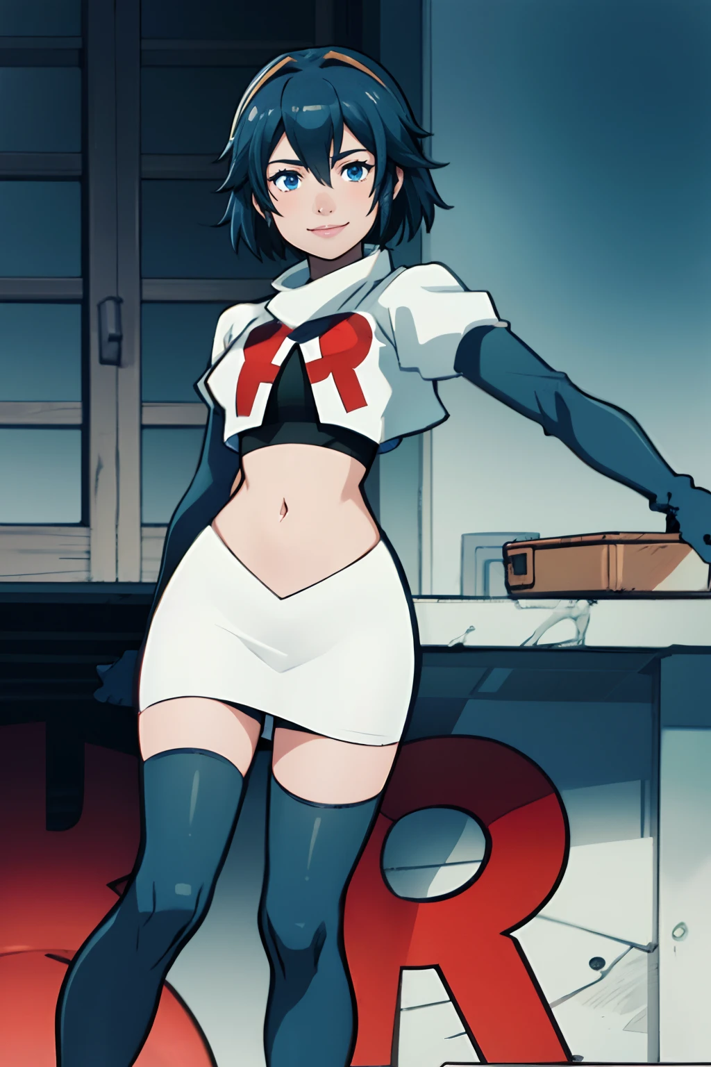 lucina fe, rocket,team rocket uniform, red letter R, white skirt,white crop top,black thigh-highs,black elbow gloves, blue hair, confident smile, looking at viewer, short hair