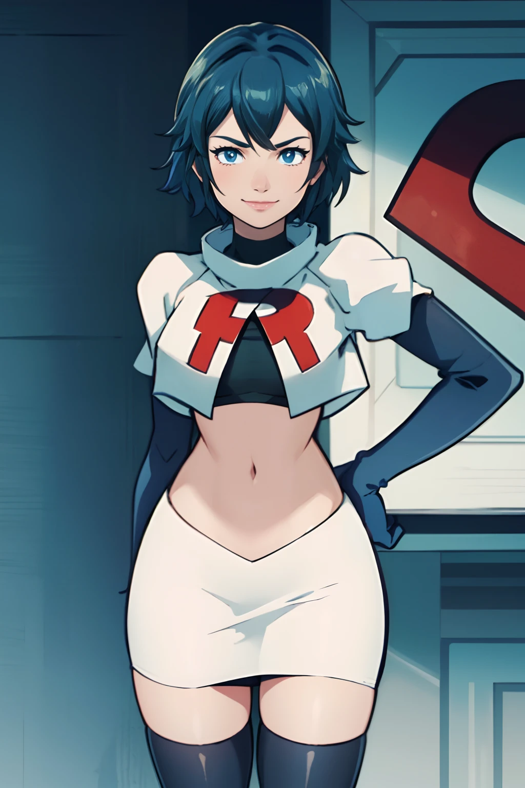 lucina fe, rocket,team rocket uniform, red letter R, white skirt,white crop top,black thigh-highs,black elbow gloves, blue hair, confident smile, looking at viewer, short hair