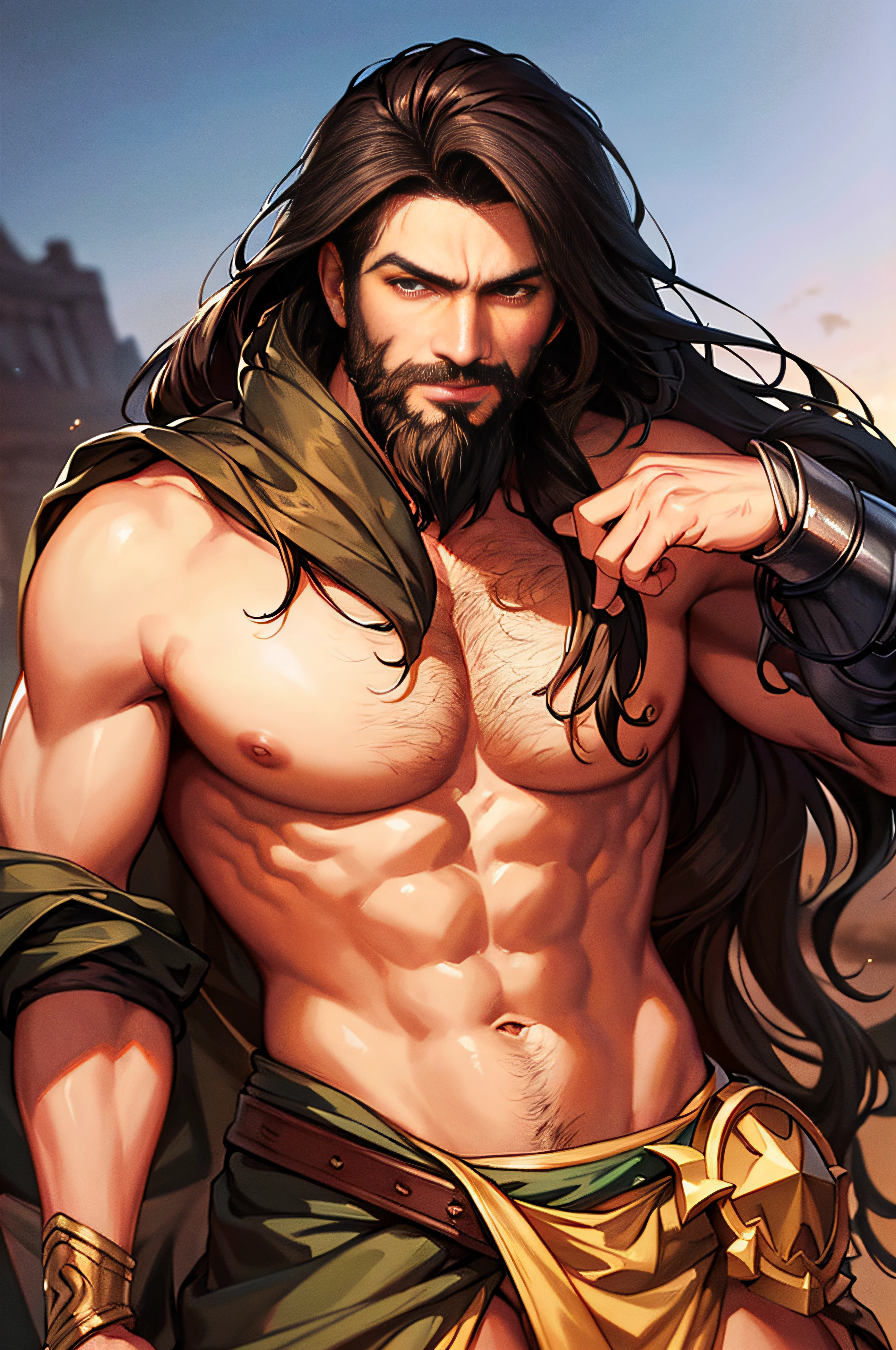 There was a man with long hair and a beard holding a sword, character art closeup, handsome prince of persia, Boris Vallejo. Octopath Traveler, portrait of bedouin d&D, casimir art, kaladin stormblessed, detailed anime character art, caleb from critical role, handsome guy in demon killer art