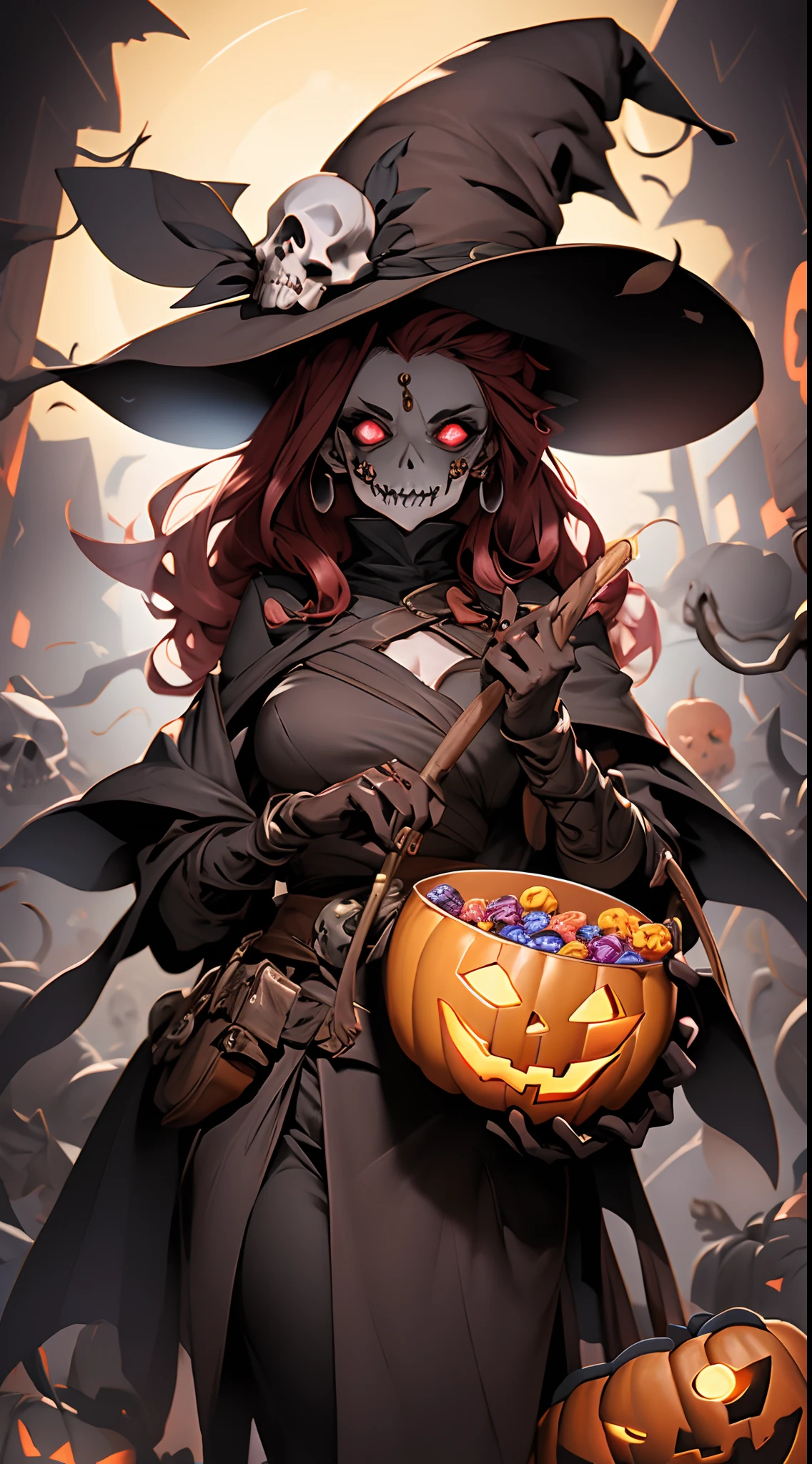 Skull woman with a halloween costume holding a bowl of candy, horror fantasy art, scary color art in 4 k,