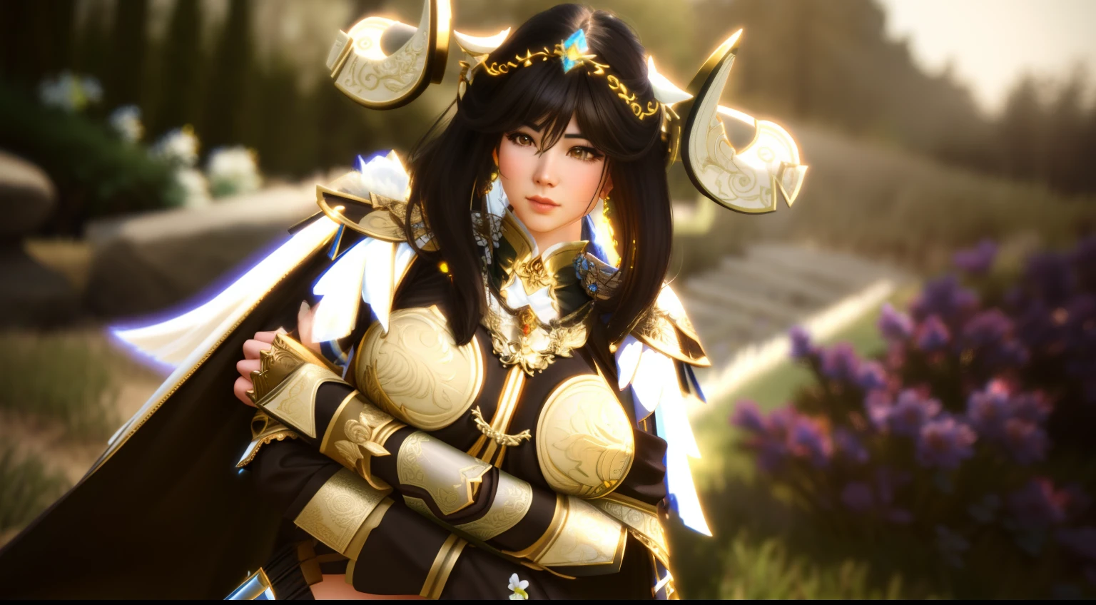 there is a woman in a costume that is standing in the grass, 4 k detail fantasy, inspired by Li Mei-shu, fantasy style 8 k octane render, 8k octae render photo, unreal engine render + a goddess, 3 d render character art 8 k, hyperdetailed fantasy character, albedo, ornate cosplay, albedo from overlord