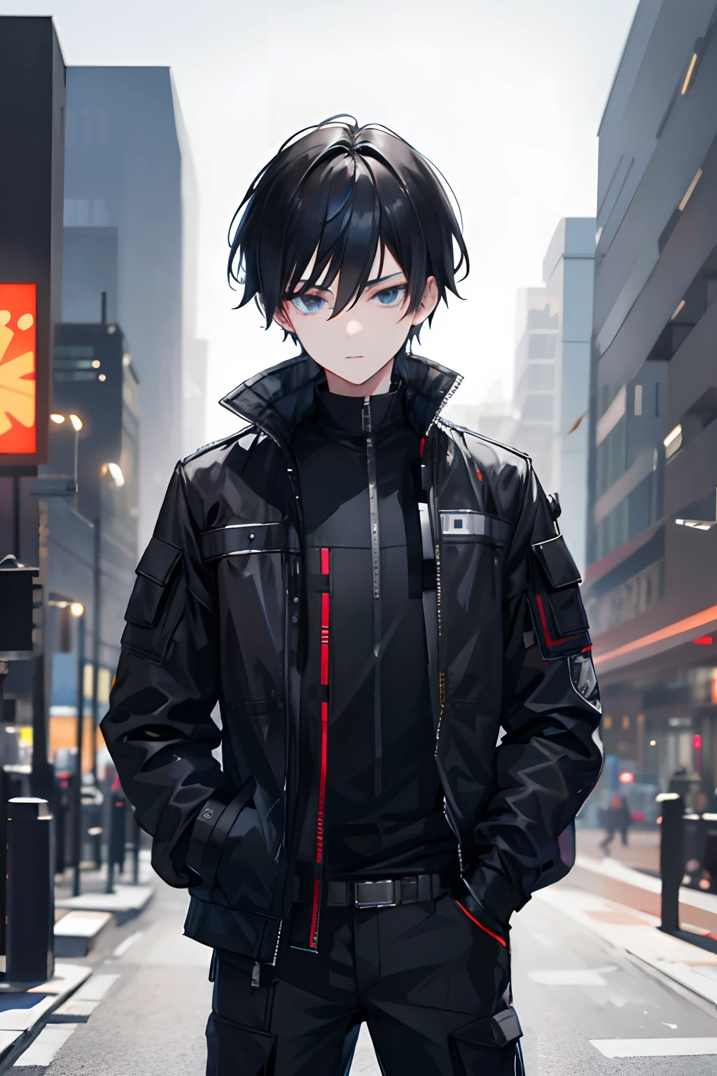 1boy,Tactical jacket,nightcity,Sateen,Put your hands in your pockets,black color hair, tactical clothes