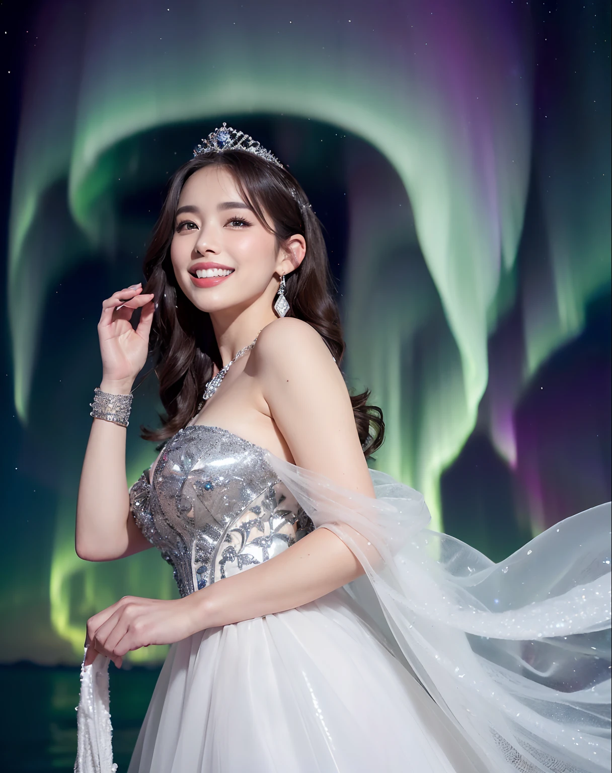 ((snow woman,Snow Princess,Princess of the Japan,South Pole,Antarctic continent,iceberg,Aurora,Dark Northern Lights,Complex and detailed aurora borealis,Shining Northern Lights,Phenomenally cute,goddess of Japan, Dark brown hair,large full breasts,Snow-white skin,glistning skin)),((Dresses that shine in silver,Elegant and beautiful dresses,Elegant décor,Diamond Decoration,Sparkling tiara,artistic décor,Snow white dress、Princess Dresses,Jeweled dresses,Dresses with a large amount of jewelry,Luxurious necklace,Luxury beyond imagination,The most gorgeous decorations in the world, ),((beautifly,Shining snow,Fantastic big iceberg,Snow like a jewel,Diamond Dust,The most realistic and complex backgrounds,the complex background,Highly detailed and realistic backgrounds)),(((See the perfect camera here,Big smile,Clean teeth,perfect teeth,White teeth,finerly detailed face,Quality and beautiful face,Clear and beautiful face,Perfect gas chamber,Perfect fingers,Perfect hands,Accurate 5 fingers)),Top image quality,8K,SLR Camera Photography,professional photograpy,Realistic quality