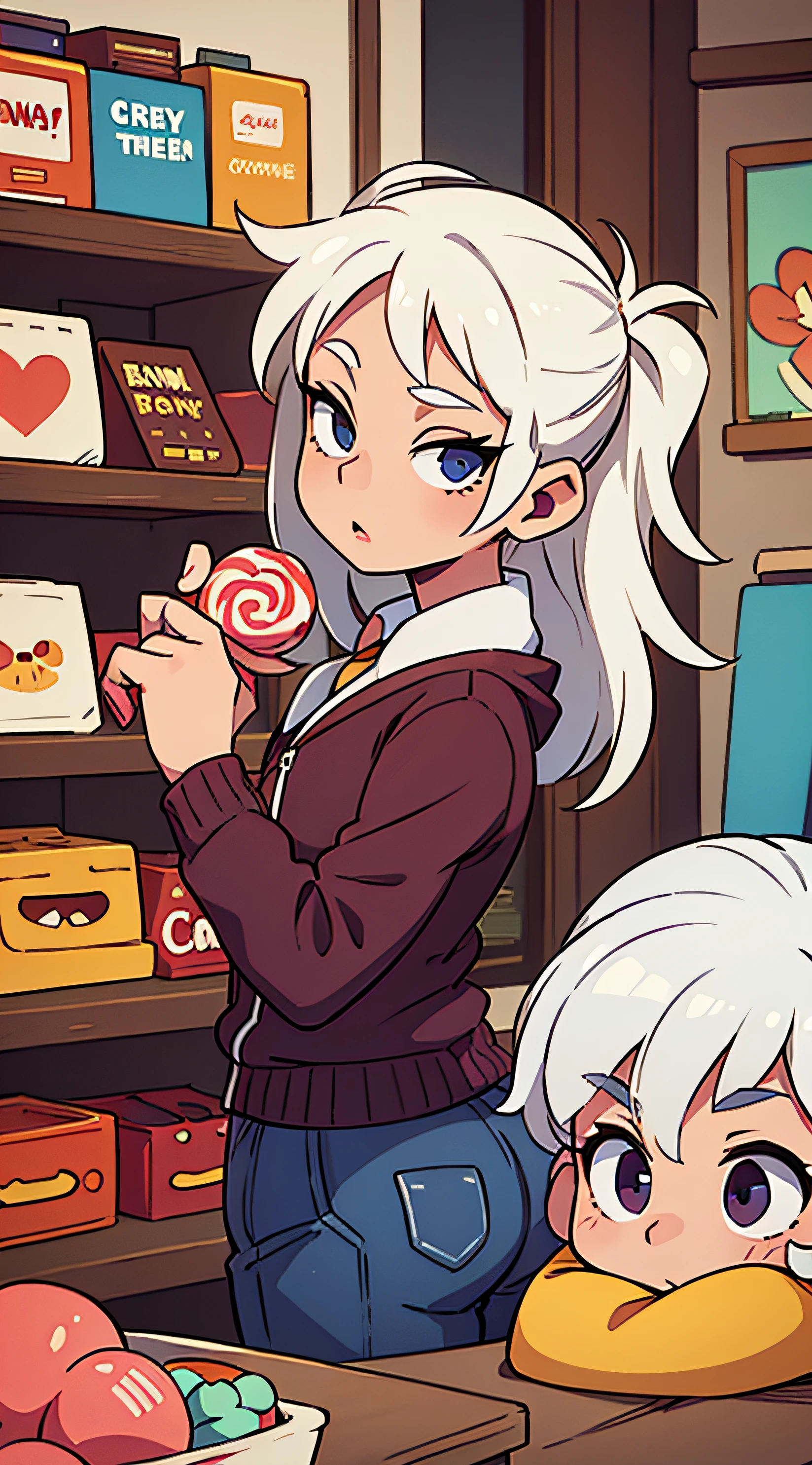 Sexy guy with white hair in a candy shop