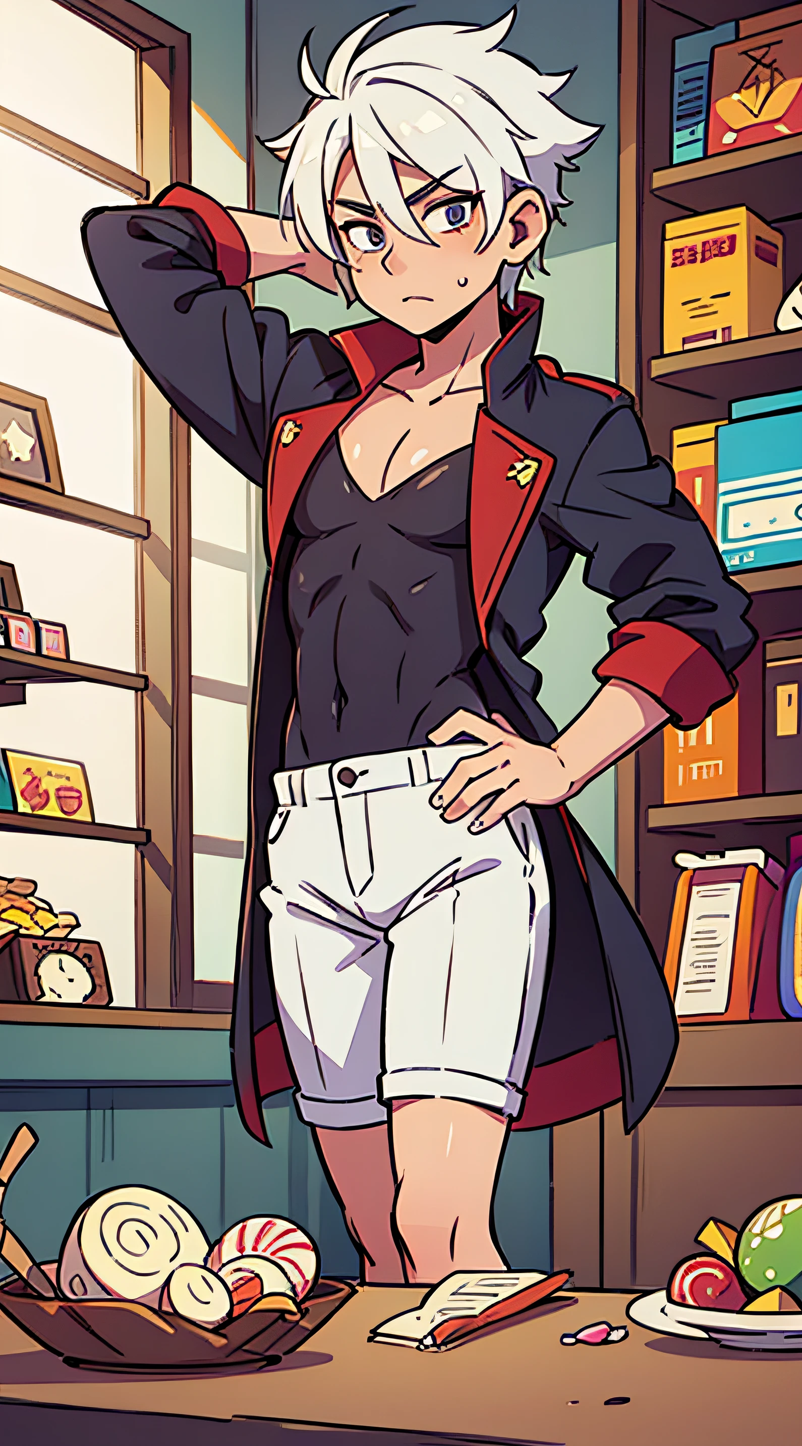 Sexy guy with white hair in a candy shop