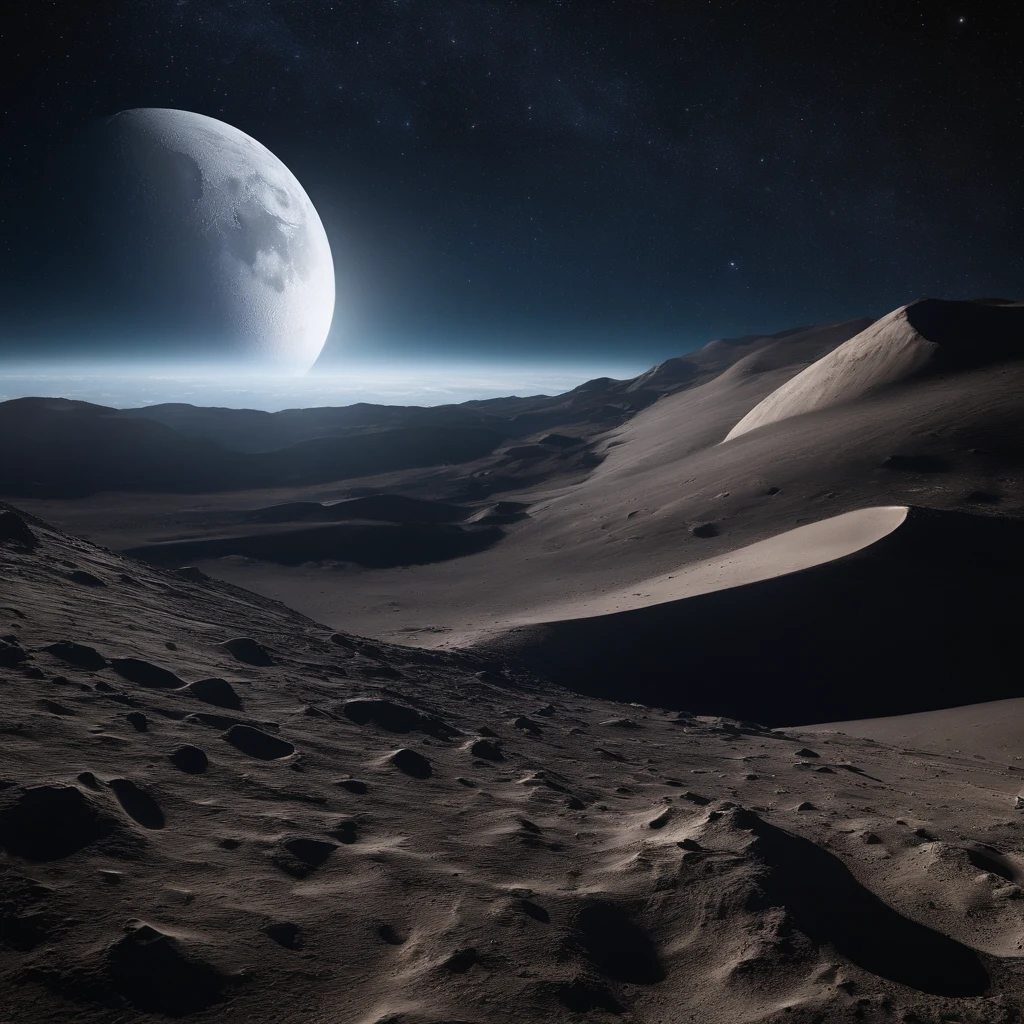 Master Parts、Superior Quality、superior image quality、The 8k quality、Beautiful pictures of the starry sky、magnifica、Arched Milky Way:1.25、Alafed view of Earth from the lunar surface:1.25, Lunar surface, space photo, on the moon, moon background, moon background, on the moon, Lunar soil, space photo, moonscape, Focus on the Moon, On Moon, Numerous craters, Seeing the Earth from the surface of the moon:1.9, big earth in the sky:1.9, Crashed and weathered spaceship、Nebulae can be seen in the distance、Andromeda