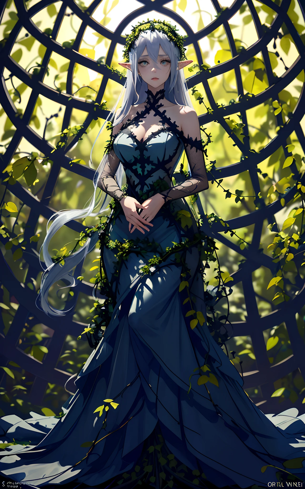 ((masterpiece:1.4, best quality))+, (ultra detailed)+,(ultra detailed eyes)+,
(cute 1 elf woman), 25 years old,(yellow eyes:1.15),silver hair, very long hair,(wariza:1.2), (blue skin: 1.2), closed mouth,sad, big breast,
(She is dressed in a gown made of intertwining vines:1.5),(big chest:1.2),(vines dress:1.4),(dress made of vines:1.2),(surrounded by vines:1.4),
(despair:1.3),gothic,
(dark yellow vines:1.3),leaves,(vines tree:1.1),
(dawn light:1.2),violet,
(heavy Monochrome:1.16),(depth of field:1.4),