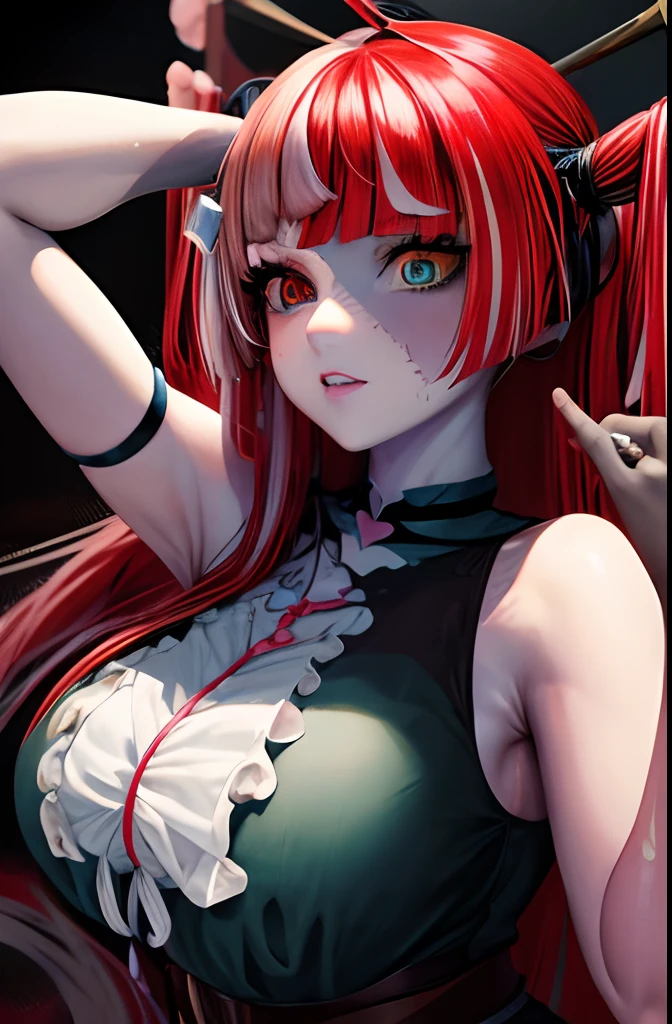 Masterpiece、最high quality、high quality、High definition、High resolution、High detail、Lens flare、Ray Tracing、high qualityなテクスチャー、high qualityな影、Beautiful details、Detailed explanation、Detailed texture、Realistic facial expression、Realistic and colorful、Slender、Cinematic Light、Side light、Sharp Focus、(1 Female:1.3)、(Intricate details、Makeup、Pure Eros Face_v1:0.5)、(Details Beautiful delicate face、Detailed beautiful delicate eyes、Perfect Facial Proportions、Detailed skin、Charm)、Fancy Twin Tails、Beautiful bangs、(Pink and red gradient hair color)、slender、(Large upward-facing breasts)、(Detailed crotch、V-Cut、High Leg、Thong)、Thighs、Dress shirt、Removing the Sleeve、boots、Provocative attitude、Release your knees、Leg spread、Raise your arms、Low-angle composition、(Take a deep breath、Work on this image step by step)