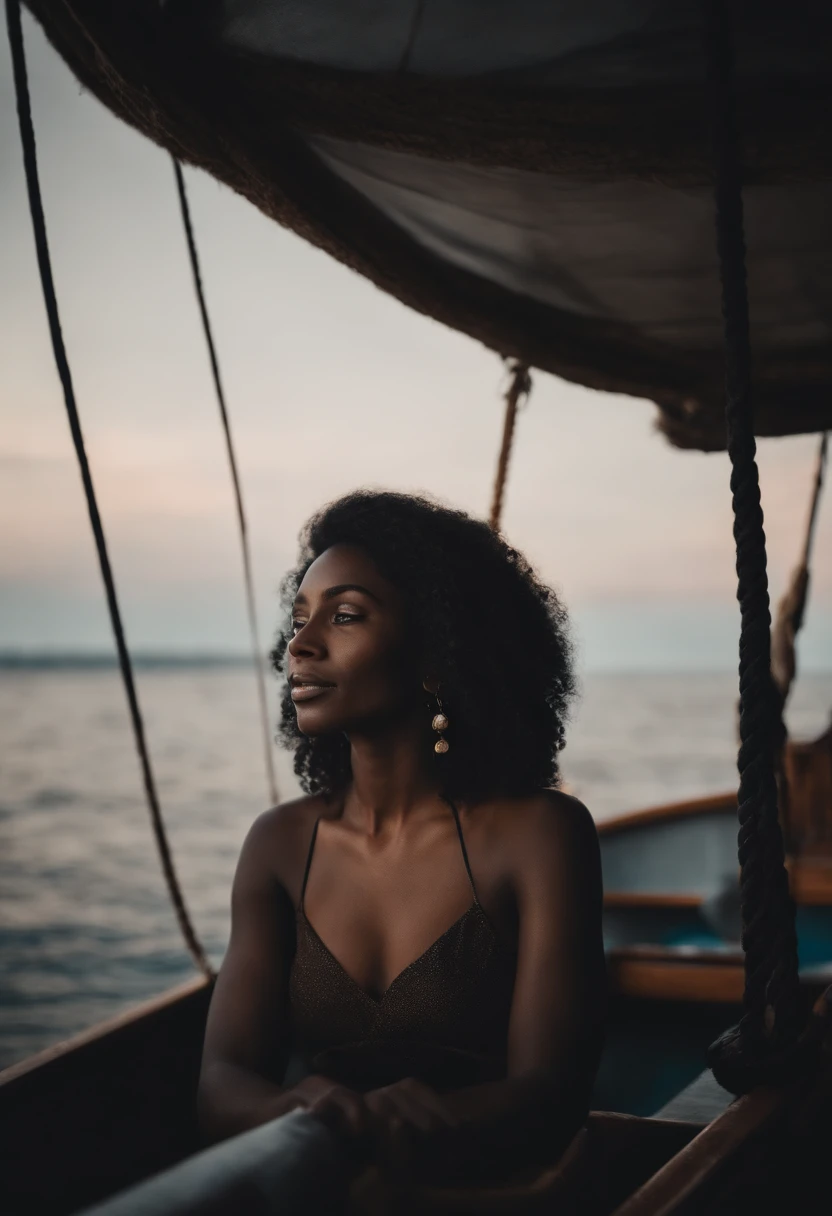 Criar a imagem de uma mulher negra com cabelo liso e loiro num barco no meio do oceano com uma lua cheia