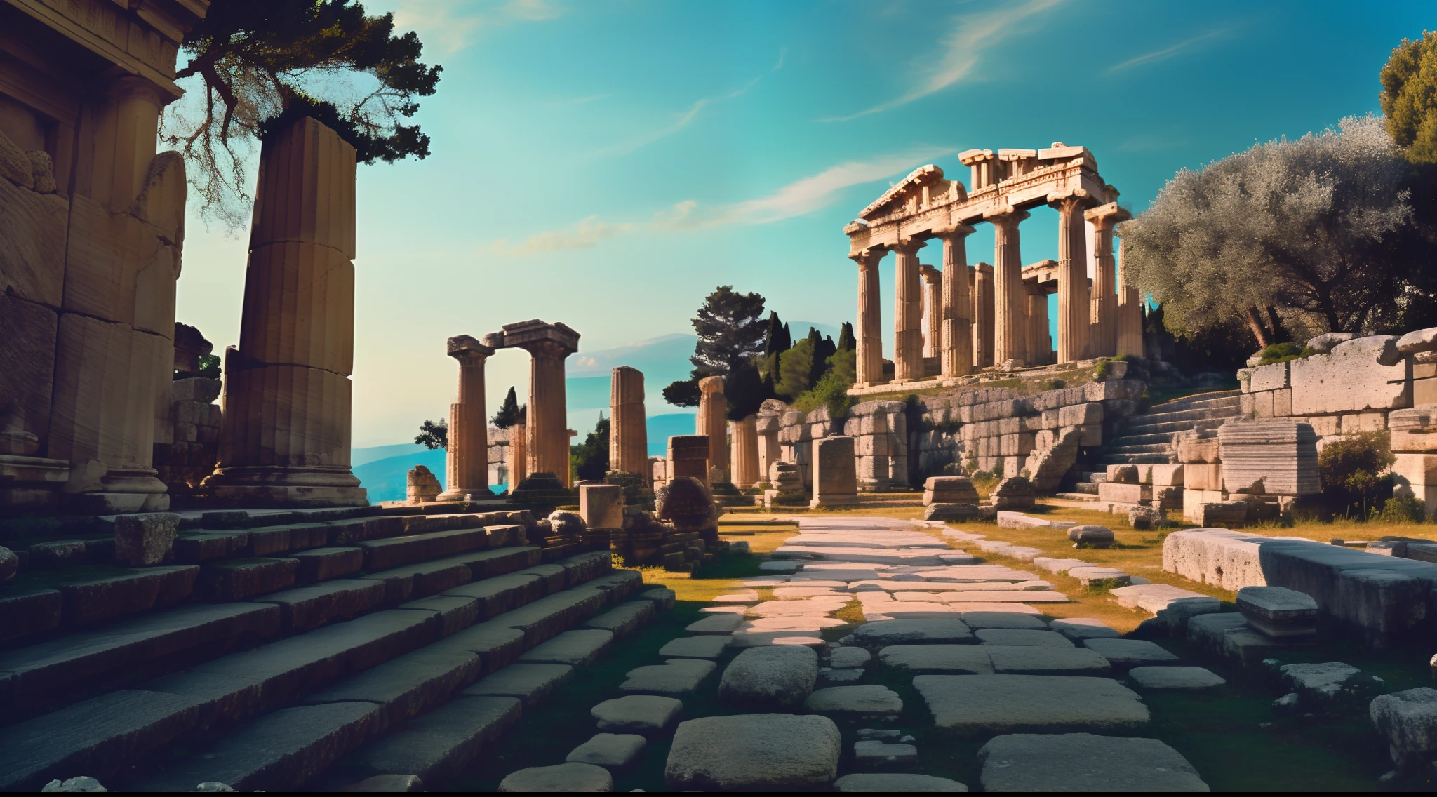 There is a stone path that leads to a colonnaded building, ancient greek temple ruins, Ancient Greek ruins, Templo grego antigo, Cidade grega antiga, Templo grego, greek-esque columns and ruins, ancient temple ruins, templo antigo, ancient ruins, Agrigento, Fundo grego do templo, inside ancient greek ruins, Paisagem grega da fantasia, Estilo romano antigo, ancient city ruins