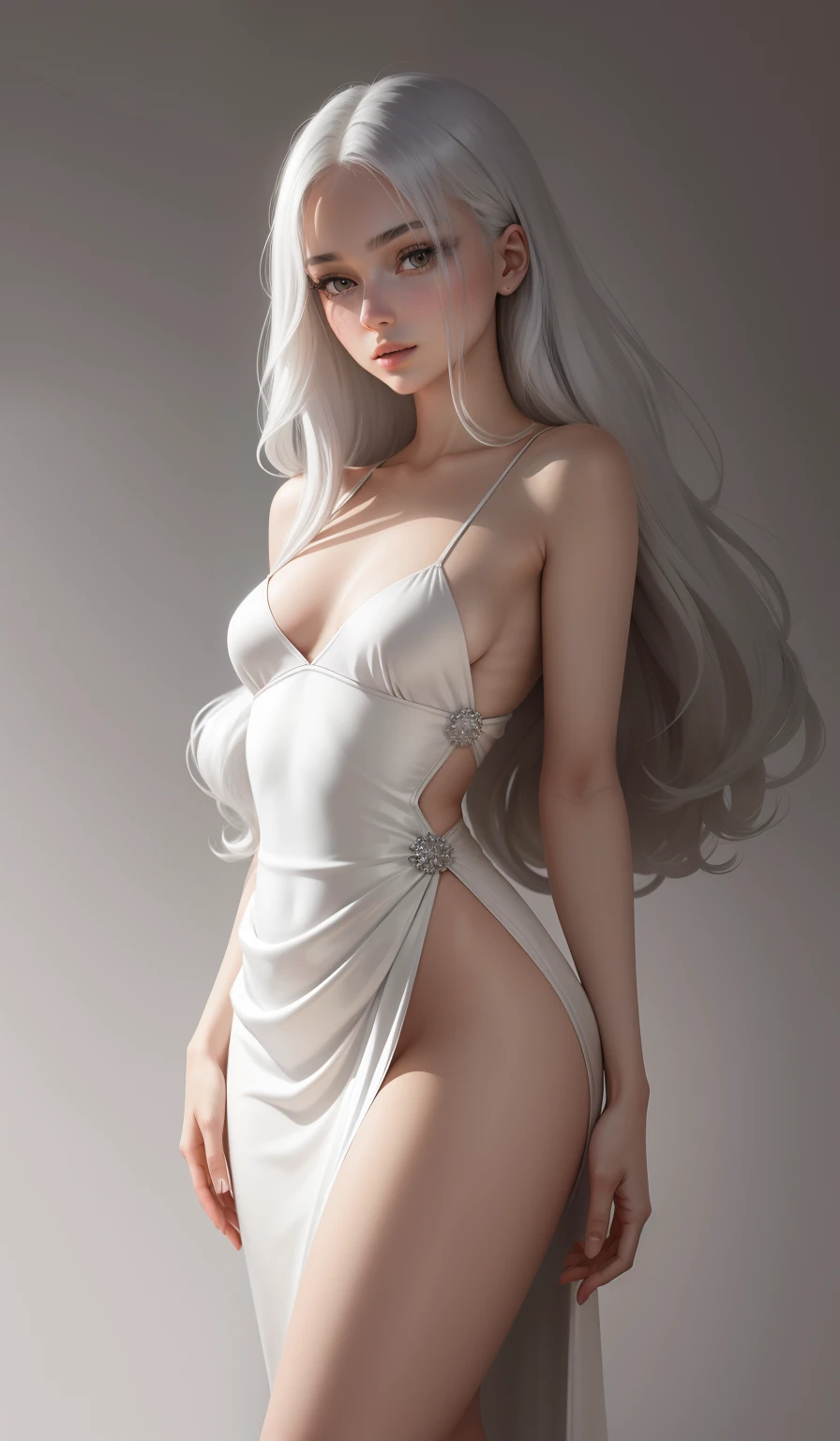 a woman in a long silver solid draped spaghetti dress, silver high heels, diamond hair piece, , shoulder length slightly wavy hair, ((white hair)) and gleaming detailed yellow-golden irises, slim frame, medium breasts, long legs, beautiful face, small butt size, small feet size, small hand size, perfect hands, scary face, beautiful face, pretty face, hot woman, British woman, cream skin, small soft pink lips , medium breast size, slim figure, standing pose, soft features, cute girl, perfectly framed face, soft pink lips, glossy lips