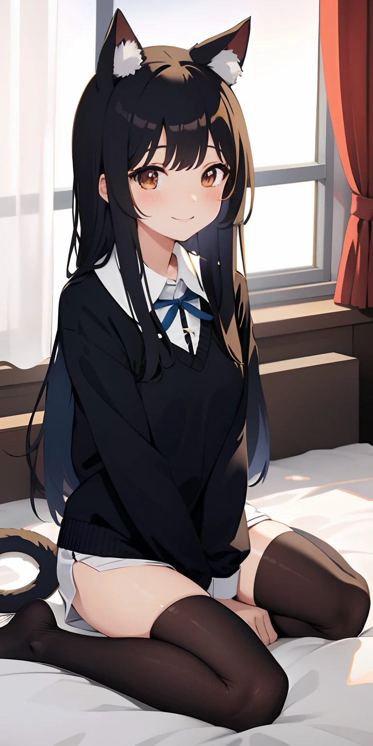 One anime girl, long black hair, brown eyes, cat ears, bunny girl outfit , light blush, light smile, nightime, apartment, bedroom, sitting on bed