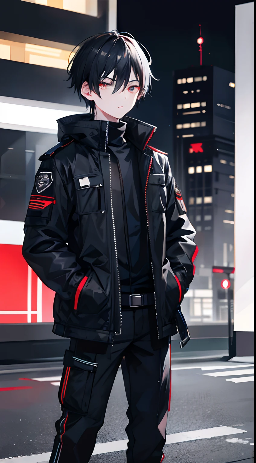 1boy,Tactical jacket,nightcity,Sateen,Put your hands in your pockets,black color hair, tactical clothes, eyebag