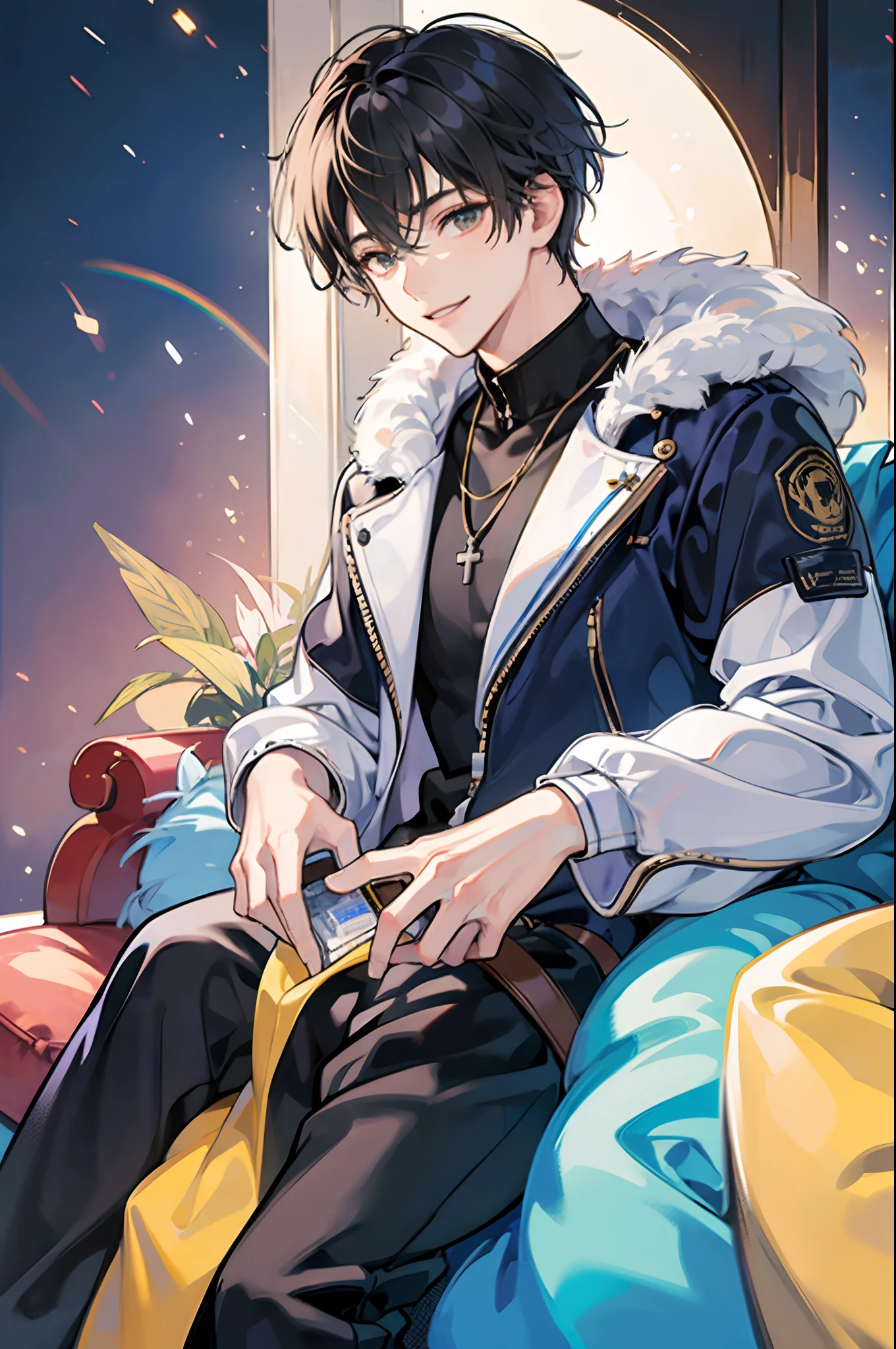 hi,a cool,strong con,s,Thin macho,a smile,Kizuna element,chum,rainboweffect,Detailed background,Greetings,