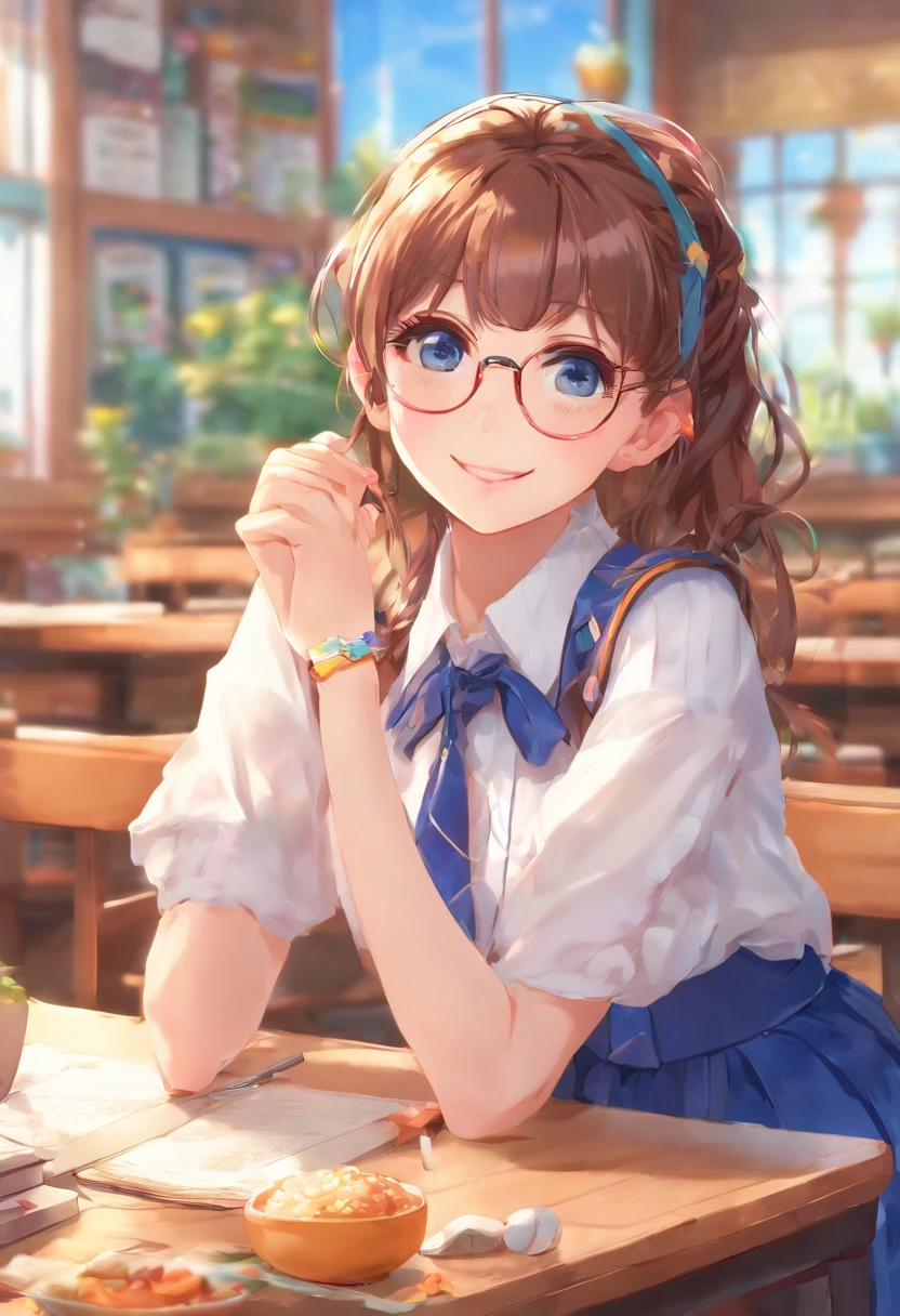 4k, 8k, high definition, super detailed, girl, teenager, school uniform, wear glasses, tying her hair, shows armpits, short sleeves, blue eyes, brown hair, smiles softly, soft light from windows, sit at table, short skirt, small body