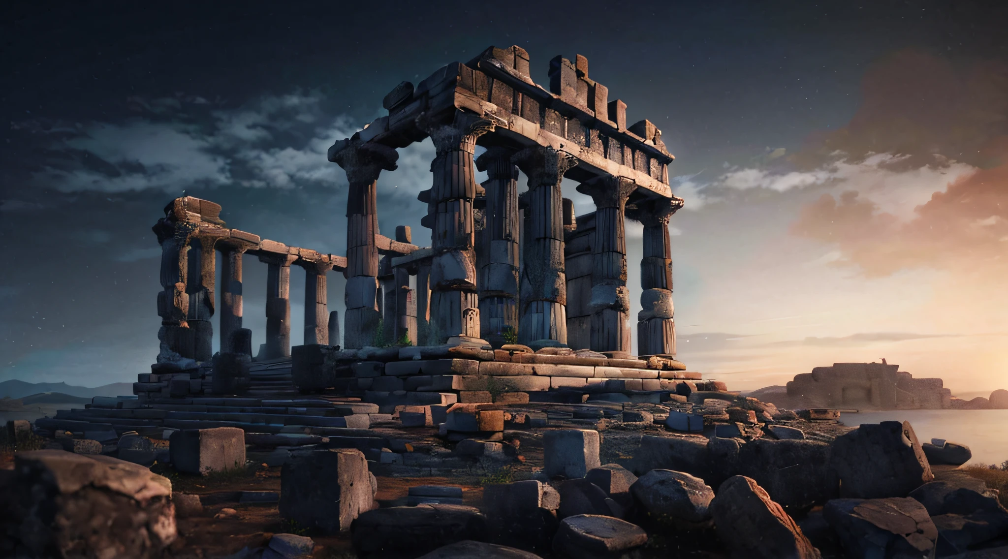 A closeup of a stone structure with a sky background, ancient ruins, templo antigo, ancient temple ruins, templo arruinado, temple ruins, Ancient Greek ruins, ancient marble city, arquitetura antiga, unreal engine 5 render dramatic, Templo grego, ancient city ruins, ancient greek temple ruins, Ruins of ancient technology, Templo grego antigo, fundo grego do templo, ruins landscape