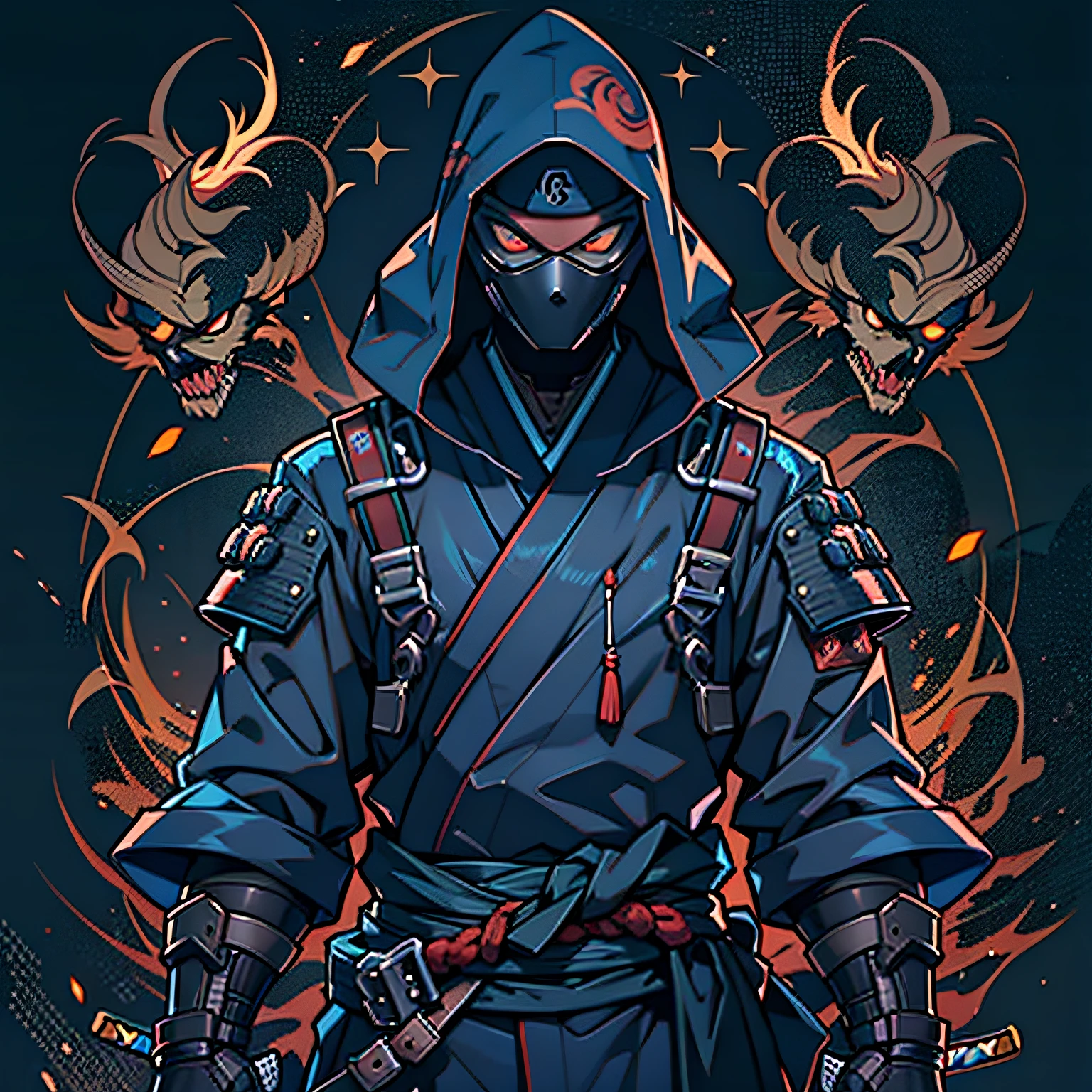 (Very detailed 8K wallpapers),war theme,terror, covered in blood(Ninja Japan)Side Photo (hyper-detailing), Burning eyes,(Put on the Fire Armor),mechanized,(Mechanical frame),mechanicalparts:1.2,Wear a katana,eldritch,The Dark World,Dark Series, Logo, 2D, violet, Ninja style, portraite of a, Japanese style, minimalism, illustartion, vector art
