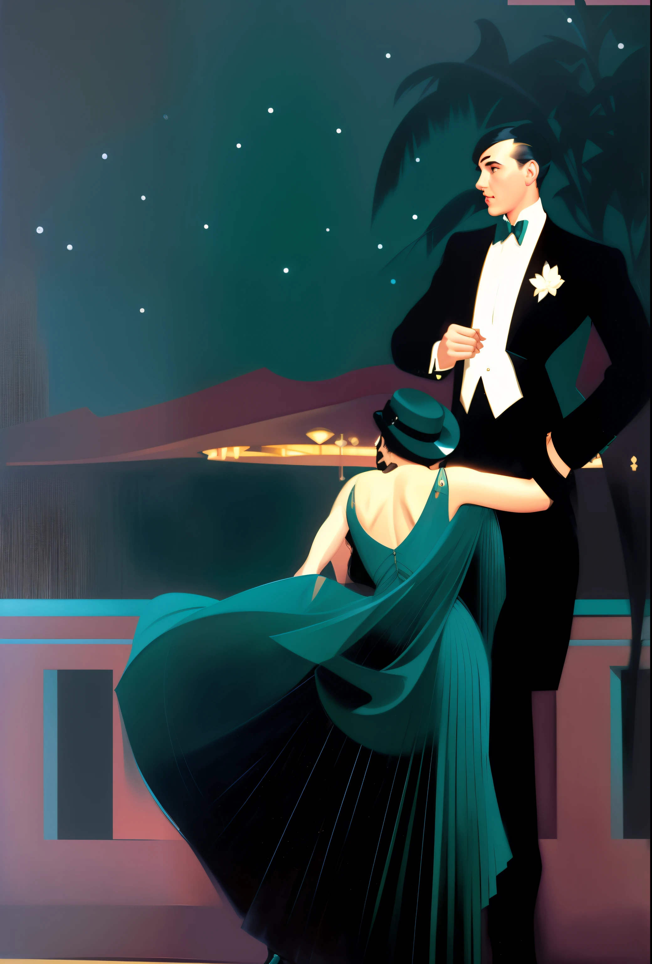 Painting of a couple dancing in a ballroom at night, art deco painting, angus mcbride, Directed by: Robert Scott Lauder, Cartaz Art Deco, Directed by: Pruett Carter, art deco portrait, art deco illustration, Uma pintura Art Deco, Directed by: Rolf Armstrong, Enoque Bolles, Directed by: Norman Saunders, Otto Schmidt, ( ( ( Art Deco ) ) )