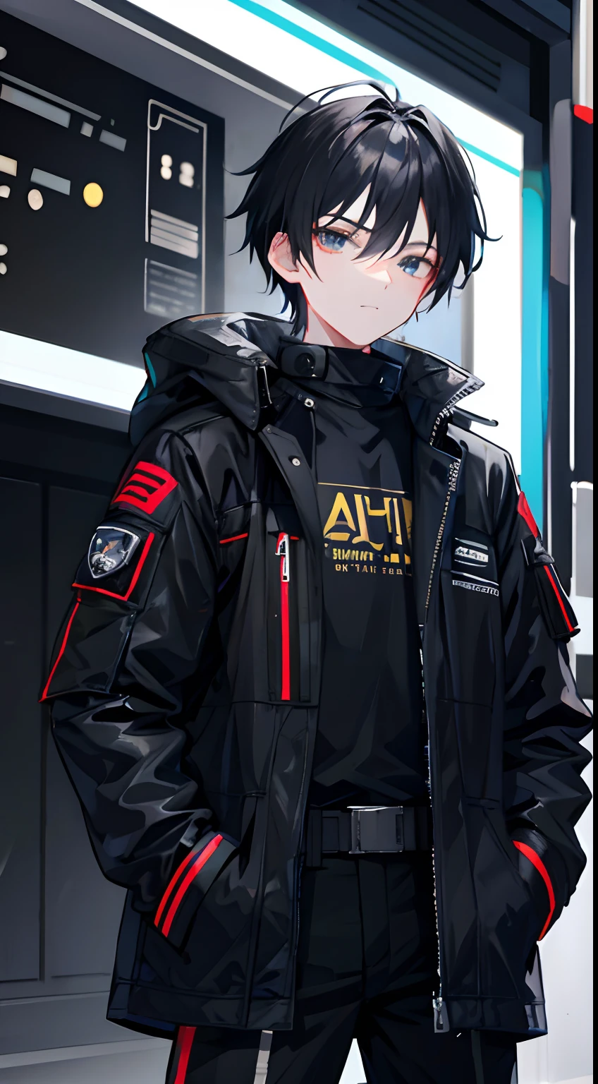 1boy,Tactical jacket,nightcity,Sateen,Put your hands in your pockets,black color hair, tactical clothes, eyebag
