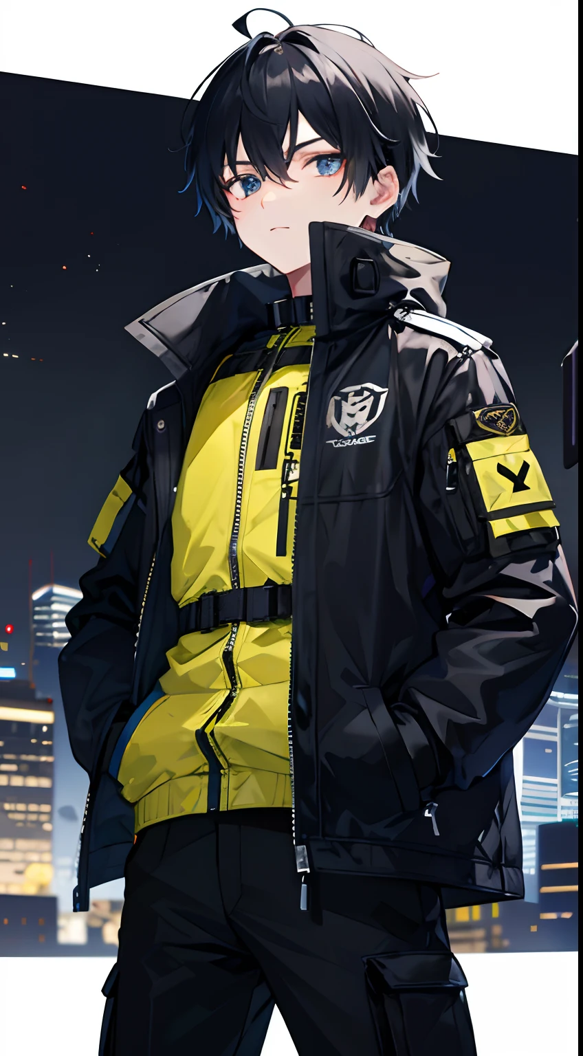 1boy,Tactical jacket,nightcity,Sateen,Put your hands in your pockets,black color hair, tactical clothes, eyebag