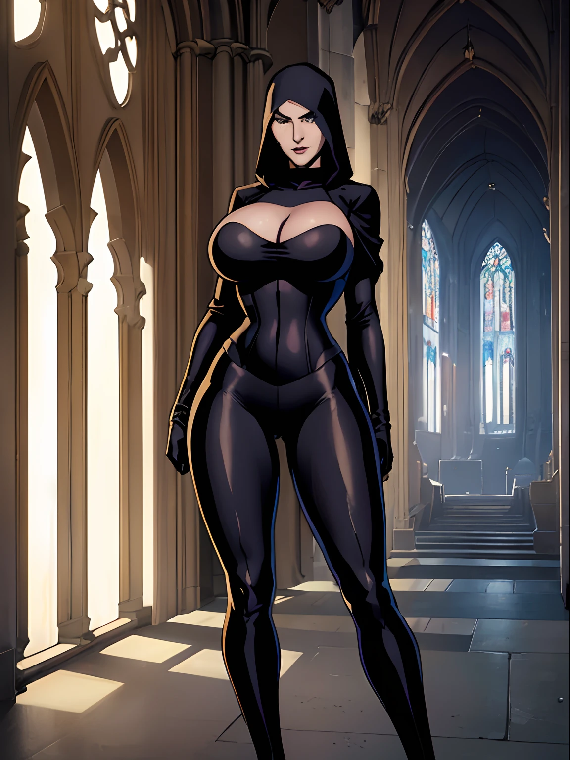 (masterpiece, top quality, best quality, official art, beautiful and aesthetic:1.2), (1girl:1.3), light freckles, fair skin, extremely detailed, portrait, looking at viewer, solo, (full body:0.6), detailed background, close up, (dark gothic theme:1.1), nun with guns, charlatan, smirk, mysterious, swaggering through cathedral, modest attire, black habit, cowl, nun hood, wimple, thigh-high boots, bodysuit, leotard, corset, thigh-highs, tights, loose sleeves, cloak, leather straps, ammunition pouches, long boots, submachineguns, SMGs, MP5s, thigh pouches, holsters, garters, ((((narrow hips, slim sexy body, gigantic breasts)))), slim waist, slim hips, long legs, modern (cathedral exterior:1.1) background, dark mysterious lighting, shadows, magical atmosphere, dutch angle,