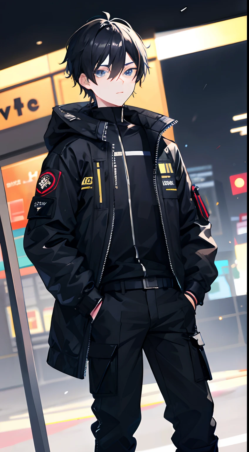 1boy，Tactical jacket，nightcity，Sateen，Put your hands in your pockets，black color hair, tactical clothes, eyebag