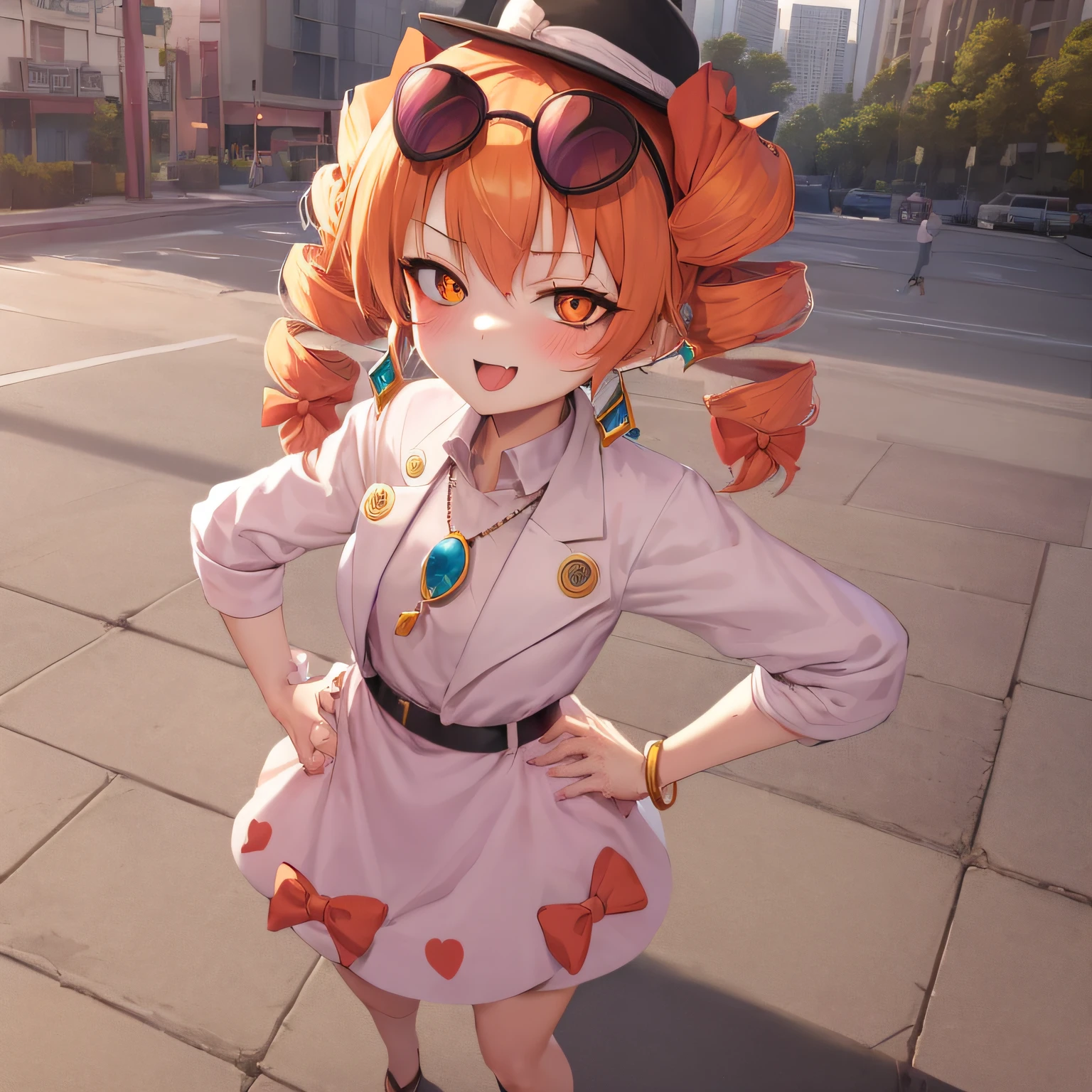 1girl, solo, yorigami jo'on, orange hair, drill hair, eyewear on head, orange eyes, jewelry, bow, white dress, purple jacket, pendant, earrings, hat, standing, hand on hip, looking at viewer, smile, open mouth, outdoors, city,heart in eyes,Ahegao,blush