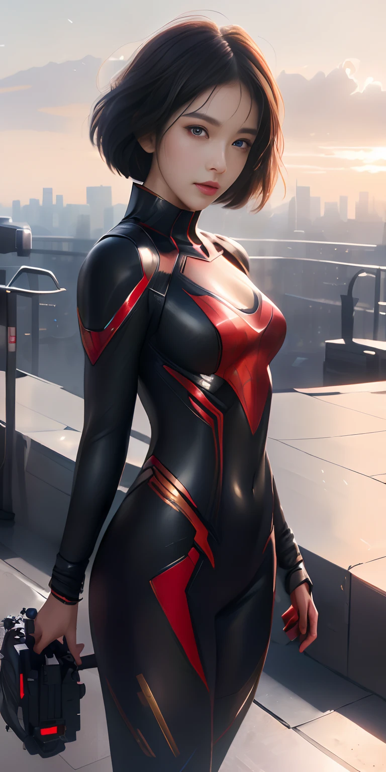 (1girl in:1.3), Solo, (((Very detailed face)))), ((Very detailed eyes and face)))), Beautiful detail eyes, Body parts__, Official art, Unified 8K Wallpaper, super detailed, Beautiful and beautiful, Beautiful, masutepiece, Best Quality, Original, masutepiece, Super Fine Photo, Best Quality, 超A high resolution, Realistic realism, Sunlight, Full body portrait, Amazing beauty, Dynamic Pose, Delicate face, Vibrant eyes, (From the front), she is wearing a Spider-man suit, Red and black color scheme, spider,Exposed skin a lot、teats、 very detailed city roof background, On the rooftop, overlooking a city, Detailed face, Detailed complex busy background, Messy, Gorgeous, Milky White, highly detailedskin, Realistic skin details, Visible Pore, Clear focus, Volumetric fog, 8K UHD, Digital SLR, High quality, Film grain, Fair skin, photorealisim, Lomography, Futuristic dystopian megalopolis, translucent,poneyTail、Short hair