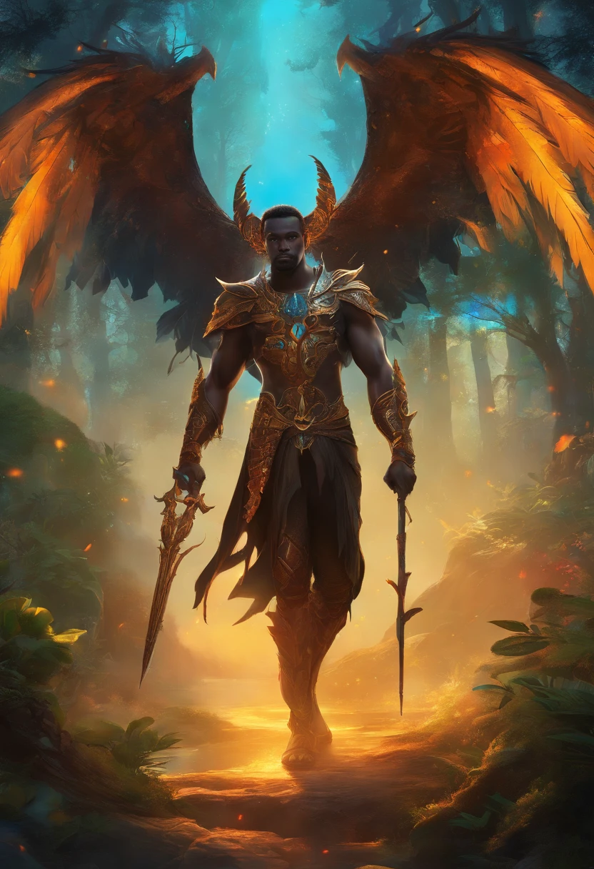 Black Demon Beautiful Male Black Man with Blue and Orange Details, Large Wings, Forest in the Background, Vibrant Colors, Full Body, Detailed Face, Detailed Hands, Detailed Legs, Detailed Fingers, Detailed Hair, Detailed Eyes, Detailed Skin, Lush Vegetation Blurred Background, Vibrant Colors, Lush Light, Soft Light, Sunset Light, Smooth Light, Symmetrical, Full Body, Reflections, HDR Dynamic Lighting, 8K Resolution, cinematic film, smooth, sharp focus, realistic, strobe light beams, ((blurred background)):1.7, (((depth of field)) ):1.8, cinestill 800t 35mm, high quality, heavy grain, high detail, cinematic composition, dramatic light, anamorphic, ultra wide lens, hyperrealistic