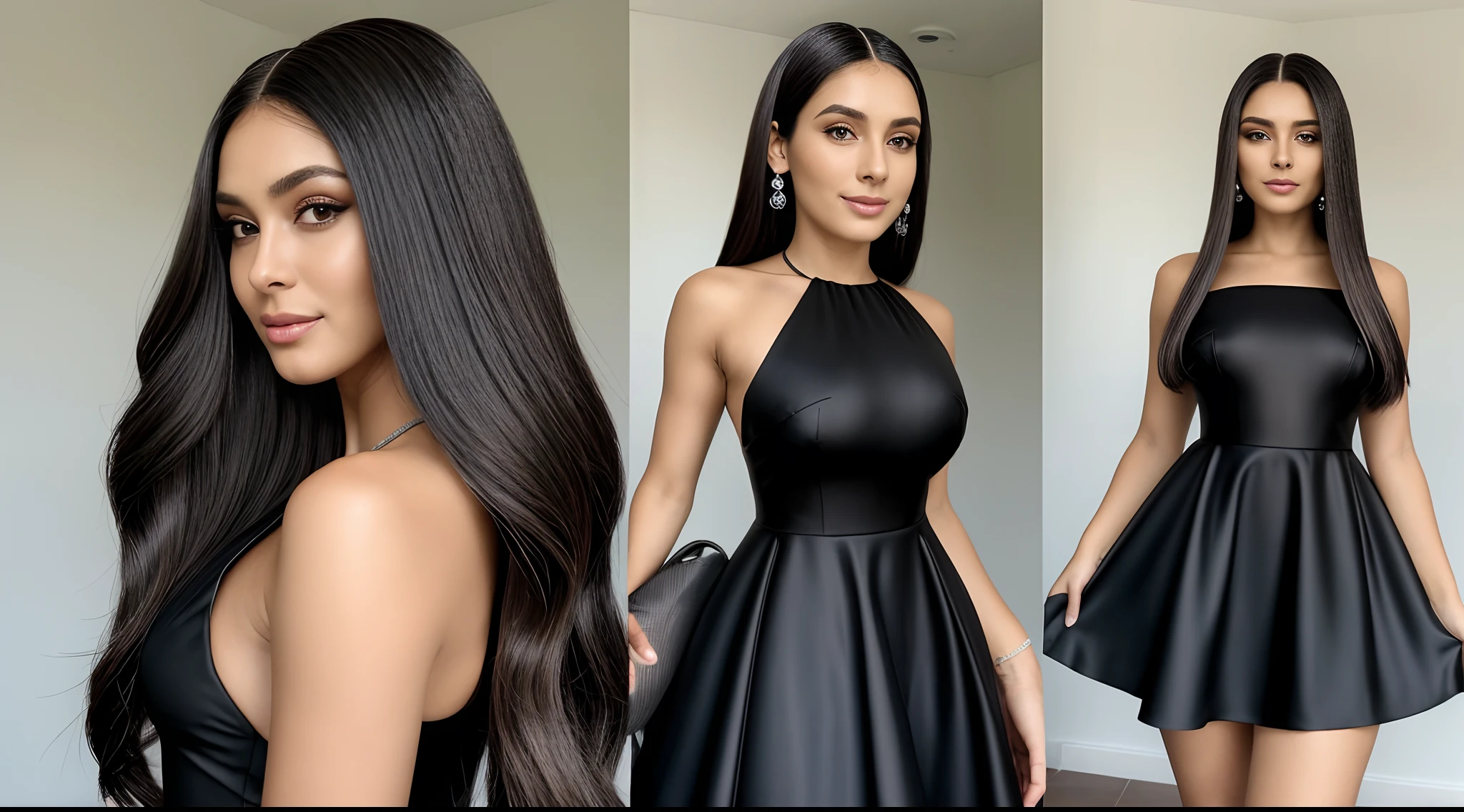 Mulher cabelos escuros ,cabelos negros,pele branca,biotipo de modelo,vestido preto,foto realista,alta qualidade