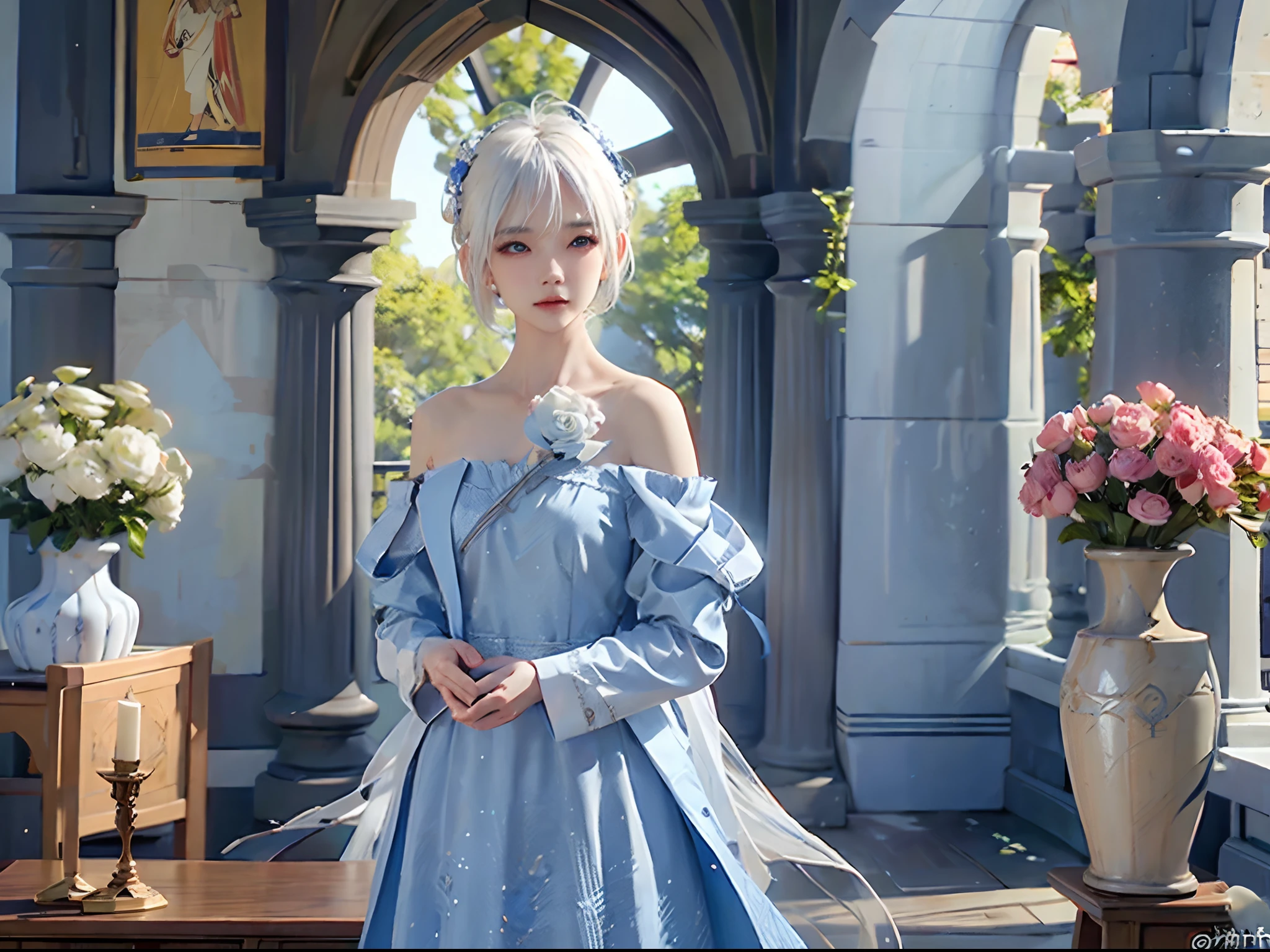nahida_genshin,1girl, (white hair, short hair), blue eyes,hair ornament, white short shirt, long sleeves, off shoulder, blue long dress, standing, looking at viewer, (shy), upper body, (cowboy shot,realistic, photorealistic), (masterpiece, best quality, high quality), (colorful),(delicate eyes and face), volumatic light, ray tracing, extremely detailed CG unity 8k wallpaper, indoors, church, paintings, vases, flowers, table,